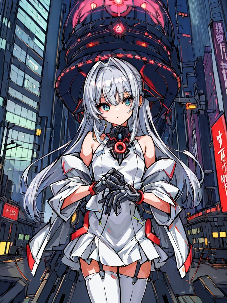 top-quality、ighly detailed、masterpiece、ultra-detailliert、illustratio、((1girl in))、silber hair、length hair、Floating hair、、Cyber City、Neon building、(The upper part of the body:1.05)、extremely_Detailed_Eyes_And_Face,cybernetic wings mechanical wings、Random posture、Skyscraper、、Mechumusume、shrine maiden clothe,maid clothes、Random angles、anime styled,cowboy shot