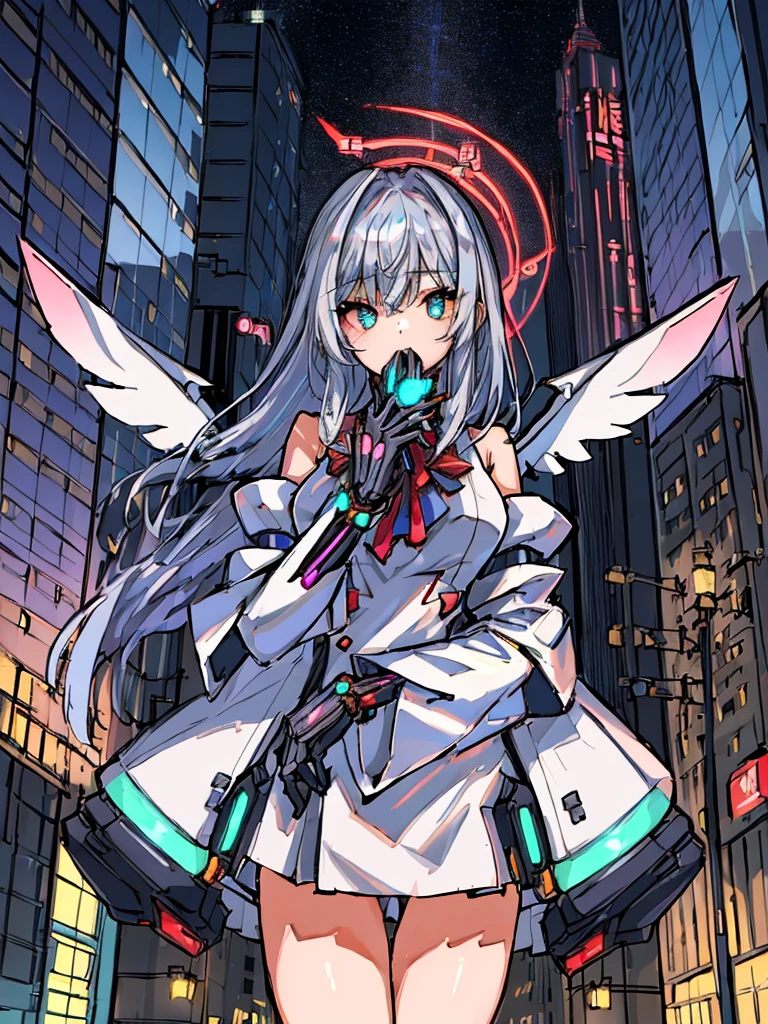 top-quality、ighly detailed、masterpiece、ultra-detailliert、illustratio、((1girl in))、silber hair、length hair、Floating hair、、Cyber City、Neon building、(The upper part of the body:1.05)、extremely_Detailed_Eyes_And_Face,cybernetic wings mechanical wings、Random posture、Skyscraper、、Mechumusume、shrine maiden clothe,maid clothes、Random angles、anime styled,cowboy shot