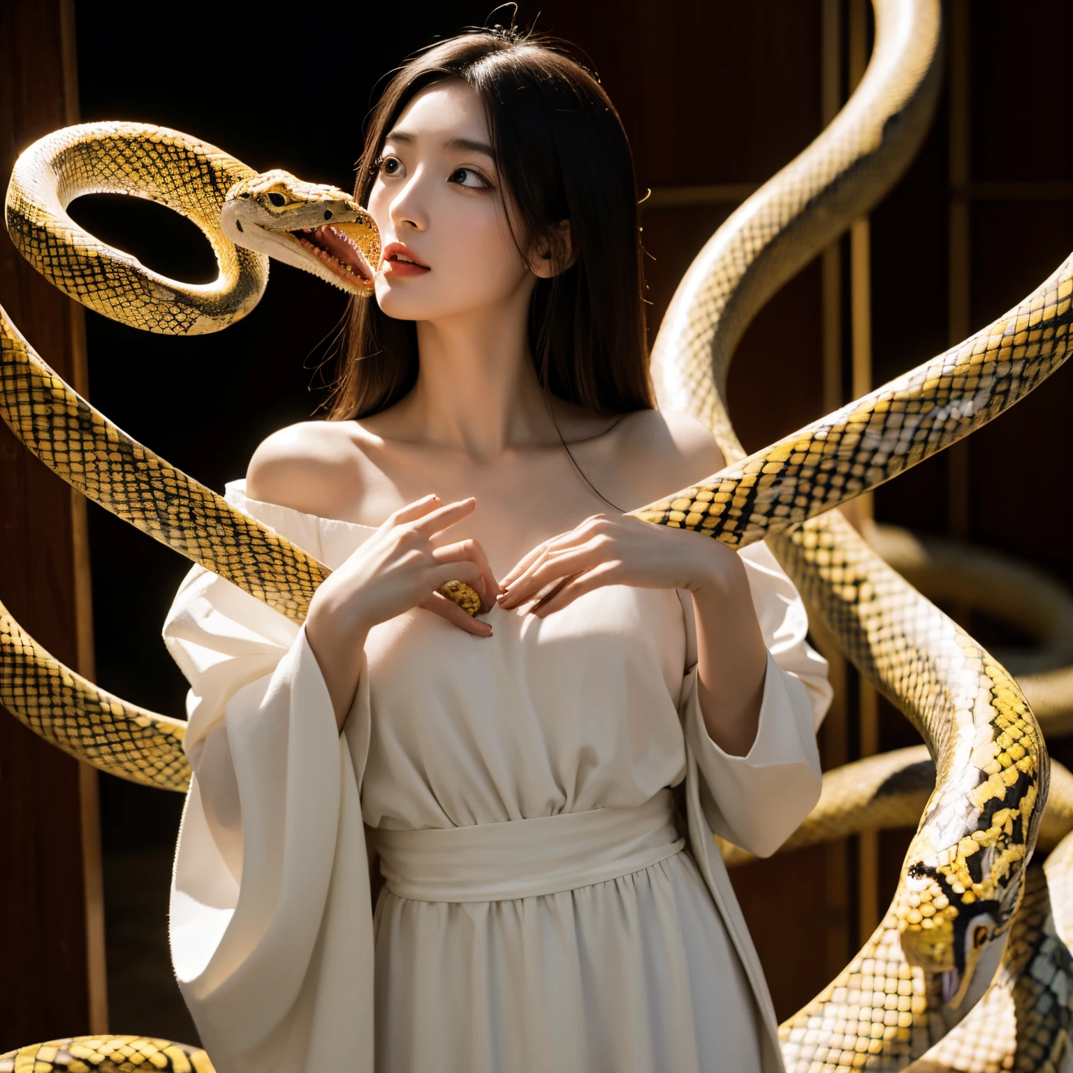 A female ghost who ascends people and descends from snakes，hand holding a heart