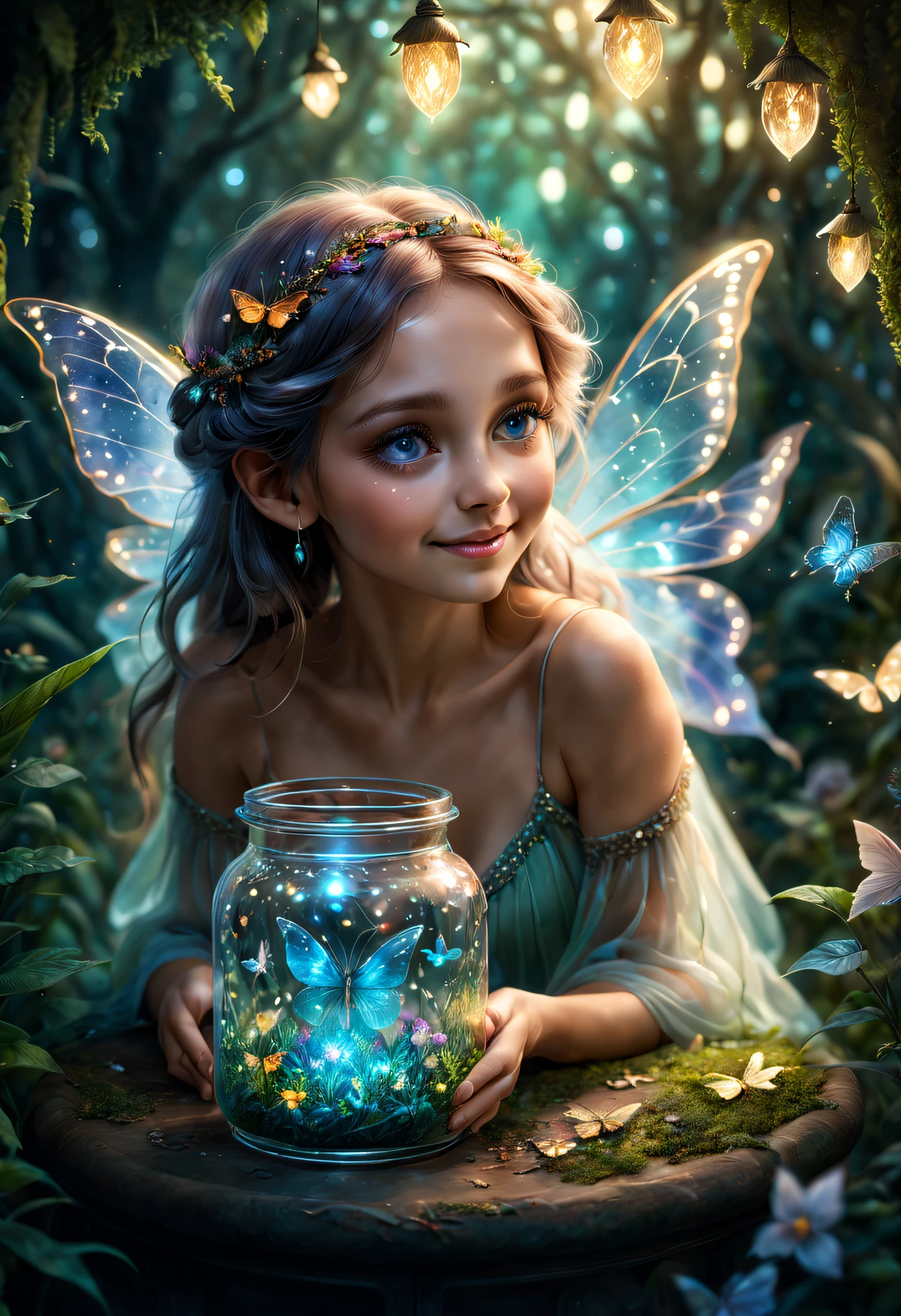 (actual,realisticlying:1.37),A high resolution,tmasterpiece:1.2,ultra - detailed,Best quality at best,4K,8K,Ultra-fine painting,Stunning colors,bokeh,sportrait,Exquisite glass jar,Fantasy creatures,Magical atmosphere,Sparkling beams,Fairy wings,glistning skin,polyhedral crystal,Ethereal atmosphere,Whimsical charm,mysterious glow,Seductive eye,impish smile,Playful gestures,magical little friend,Dream garden background,magic flower,butterflies flying,Soft moonlight,exquisite detailing,EtherealBeauty,otherworldly realm,Rich textures,Photography perfect,suspended in glass,Glowing Essence,Pixel perfect rendering,a glowing fairy,Translucent glow,sophisticated posture,magicle world,Extraordinary artistry