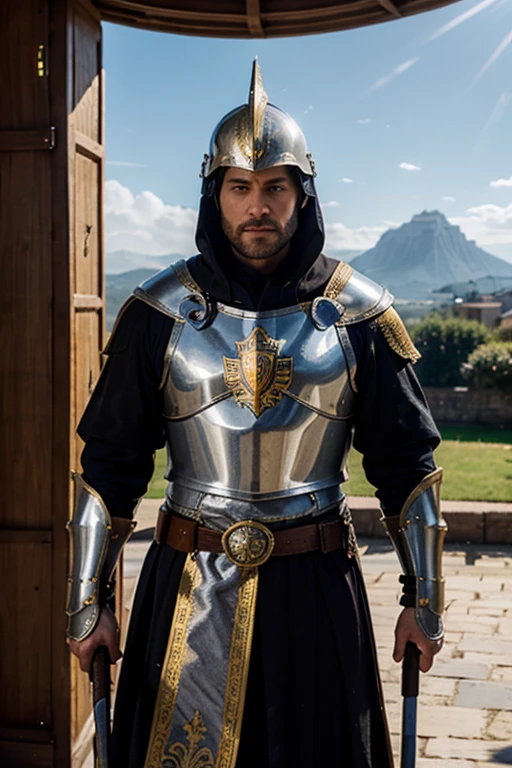 1 knight, armored, brandishing cleaning household broom, majestic banner, standing tall and proud, intricate metalwork on armor, shining helmet, detailed visor, ornate decorations, luxurious velvet cloak flowing in the wind, heroic pose, dramatic lighting, medieval setting, castle towers, flags waving, distant mountains, sunlight piercing through the clouds, HDR, ultra-detailed, realistic, vibrant colors, golden hues, sharp focus, masterpiece:1.2.