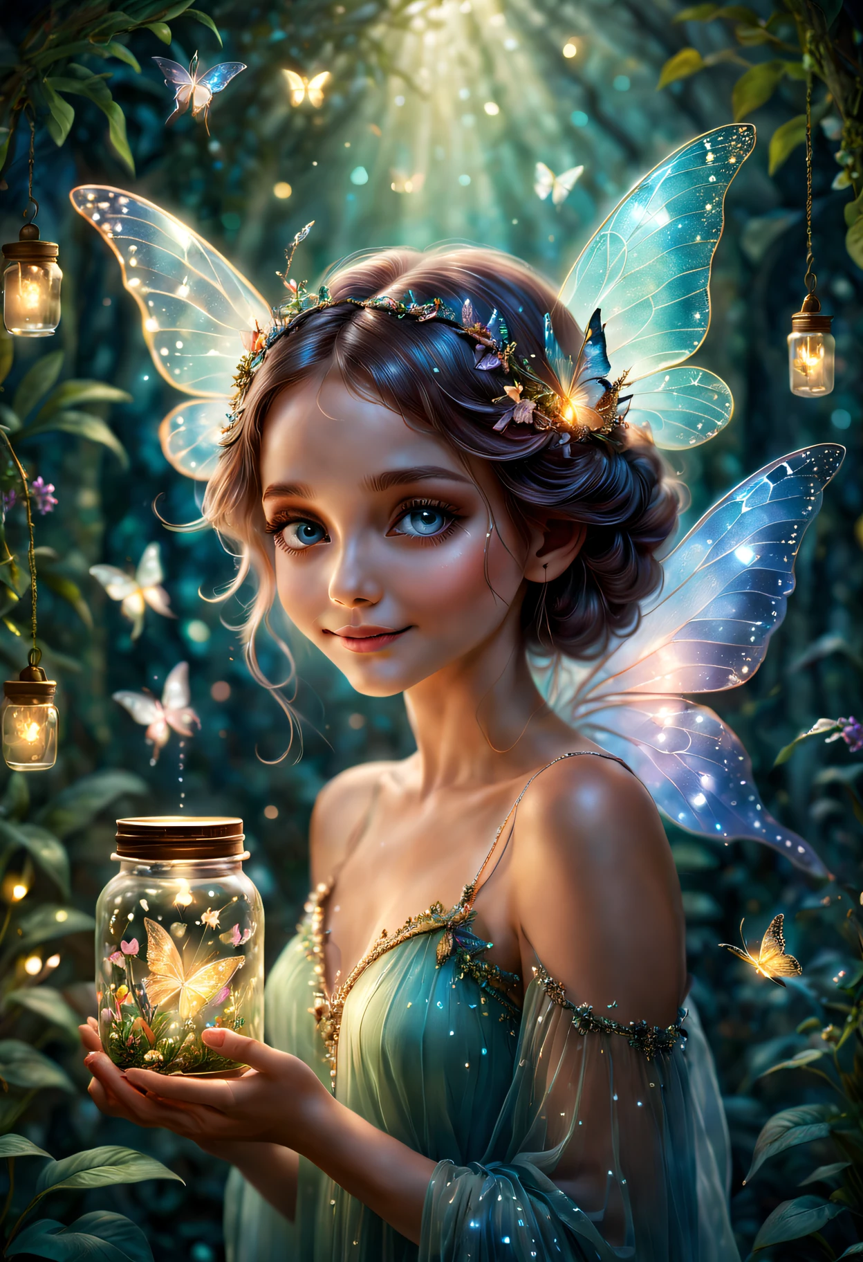 (actual,realisticlying:1.37),A high resolution,tmasterpiece:1.2,ultra - detailed,Best quality at best,4K,8K,Ultra-fine painting,Stunning colors,bokeh,sportrait,Exquisite glass jar,Fantasy creatures,Magical atmosphere,Sparkling beams,Fairy wings,glistning skin,polyhedral crystal,Ethereal atmosphere,Whimsical charm,mysterious glow,Seductive eye,impish smile,Playful gestures,magical little friend,Dream garden background,magic flower,butterflies flying,Soft moonlight,exquisite detailing,EtherealBeauty,otherworldly realm,Rich textures,Photography perfect,suspended in glass,Glowing Essence,Pixel perfect rendering,a glowing fairy,Translucent glow,sophisticated posture,magicle world,Extraordinary artistry