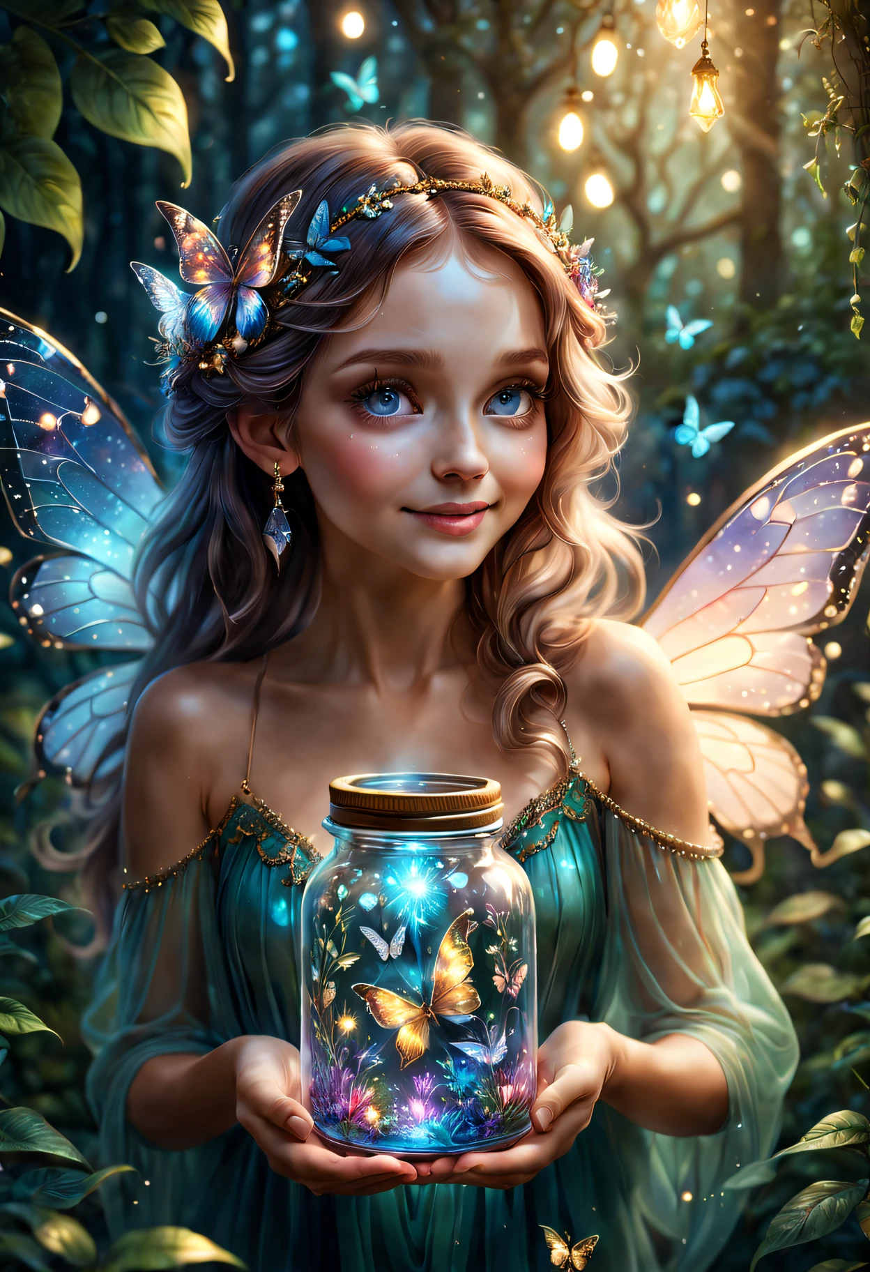 (actual,realisticlying:1.37),A high resolution,tmasterpiece:1.2,ultra - detailed,Best quality at best,4K,8K,Ultra-fine painting,Stunning colors,bokeh,sportrait,Exquisite glass jar,Fantasy creatures,Magical atmosphere,Sparkling beams,Fairy wings,glistning skin,polyhedral crystal,Ethereal atmosphere,Whimsical charm,mysterious glow,Seductive eye,impish smile,Playful gestures,magical little friend,Dream garden background,magic flower,butterflies flying,Soft moonlight,exquisite detailing,EtherealBeauty,otherworldly realm,Rich textures,Photography perfect,suspended in glass,Glowing Essence,Pixel perfect rendering,a glowing fairy,Translucent glow,sophisticated posture,magicle world,Extraordinary artistry