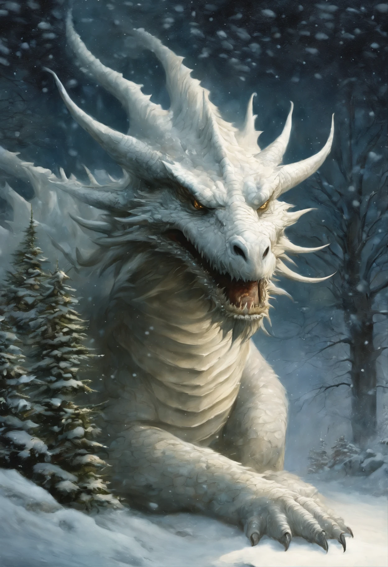 真实感, dark fantasy style, John Tolkien style, Small painting by Jean-Baptiste Monge, the dragon hugs the Christmas tree with its tail, winter, Snow is falling, huge christmas tree, a huge white dragon hugs a Christmas tree, large white dragon with golden crest, anatomically correctly drawn body, Looks like an ancient dragon, Santa Claus near the Christmas tree, The city, megalopolis, city trail, Big Christmas tree, glass skyscraper, Jean-Baptiste Monge, anthropomorphic --ar 2:3 --testp -optimistic;