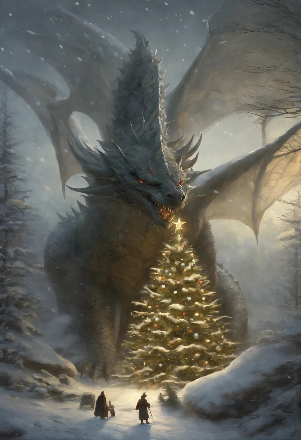 真实感, dark fantasy style, John Tolkien style, Small painting by Jean-Baptiste Monge, the dragon hugs the Christmas tree with its tail, winter, Snow is falling, huge christmas tree, a huge white dragon hugs a Christmas tree, large white dragon with golden crest, anatomically correctly drawn body, Looks like an ancient dragon, Santa Claus near the Christmas tree, The city, megalopolis, city trail, Big Christmas tree, glass skyscraper, Jean-Baptiste Monge, anthropomorphic --ar 2:3 --testp -optimistic;