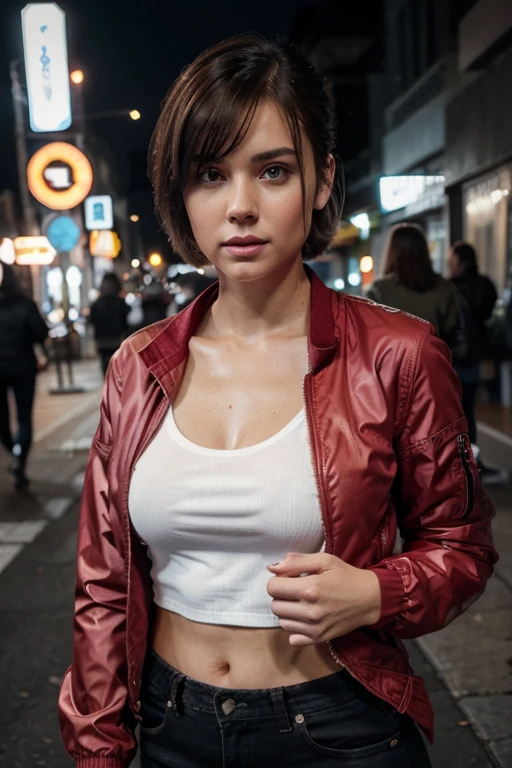 a half body portrait of a 28 years old white female, spanish woman, short hair light-brown hair, diagonal bangs, slicked-back hair, casual outfit, open jacket, (black and red) windbreaker jacket, solo, rendered eyes, high resolution 8k, canon eos 5d mark iv 85mm iso 150, associated press