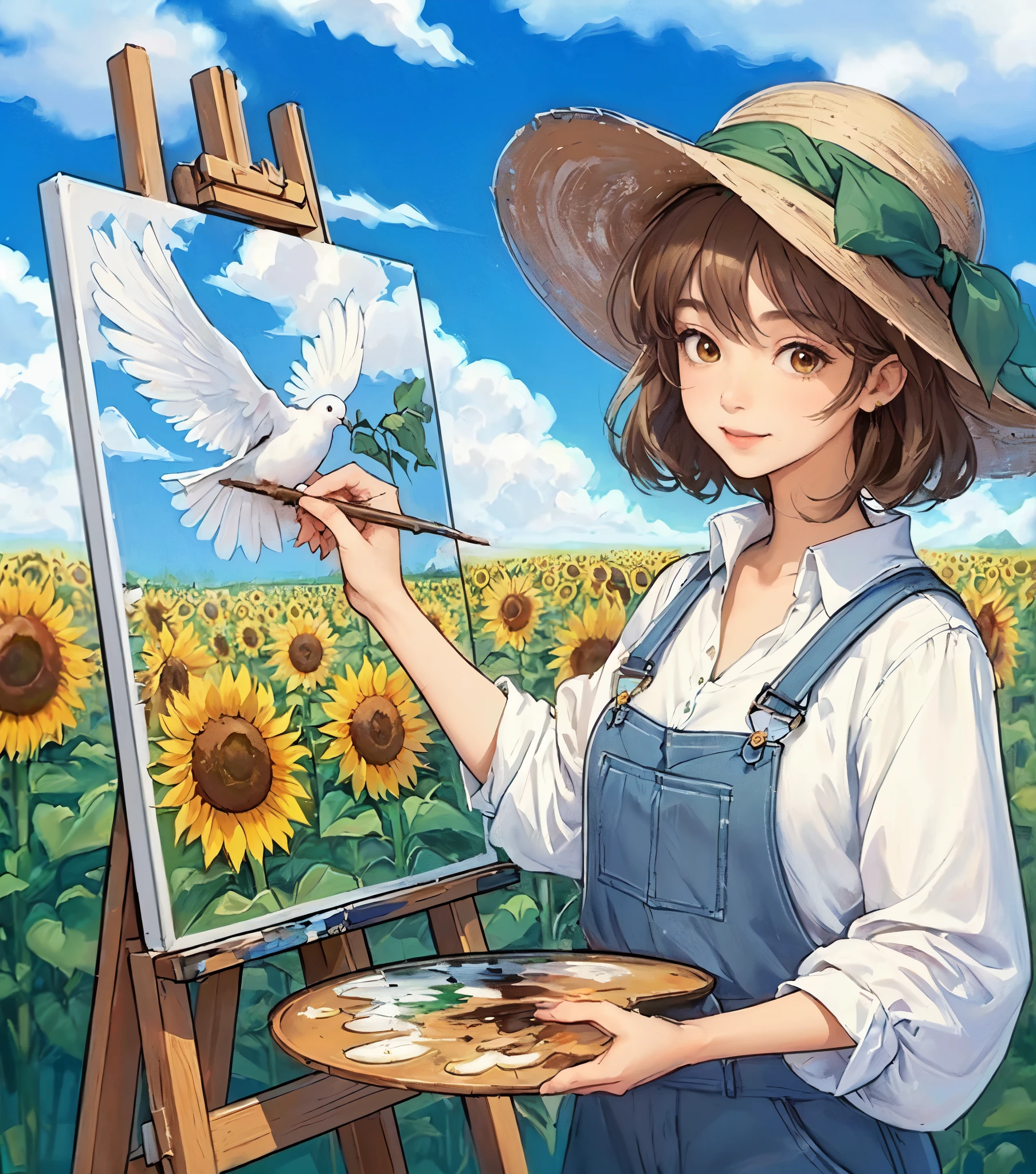 1lady solo, (painting (a sunflower oil painting) on a canvas), (stylish outfit) overalls (hat with a green hatband:1.1), mature female, /(brown hair/) bangs, light smile, (masterpiece best quality:1.2) delicate illustration ultra-detailed, large breasts BREAK (painting of a sunflower) ((a white dove with branch in mouth) flying), (painting brush), (palette of paintREAK (field of sunflowers under the blue sky) outdoors