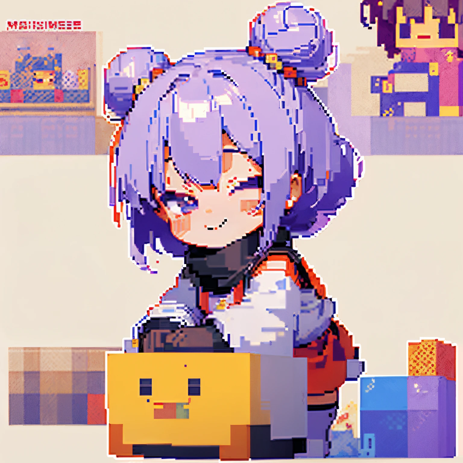 ((Best Quality)), ((masutepiece)), smallunderboob、Perfect face,purple color hair、bobhair、Two bun hair、(Santa Claus Costume)、Oversized tops、((muffler))、a smile、(Black knee socks)、hoodie style costume、sunflower accessories、Winters、No background、((Chibi Chara))、(((pixel art)))