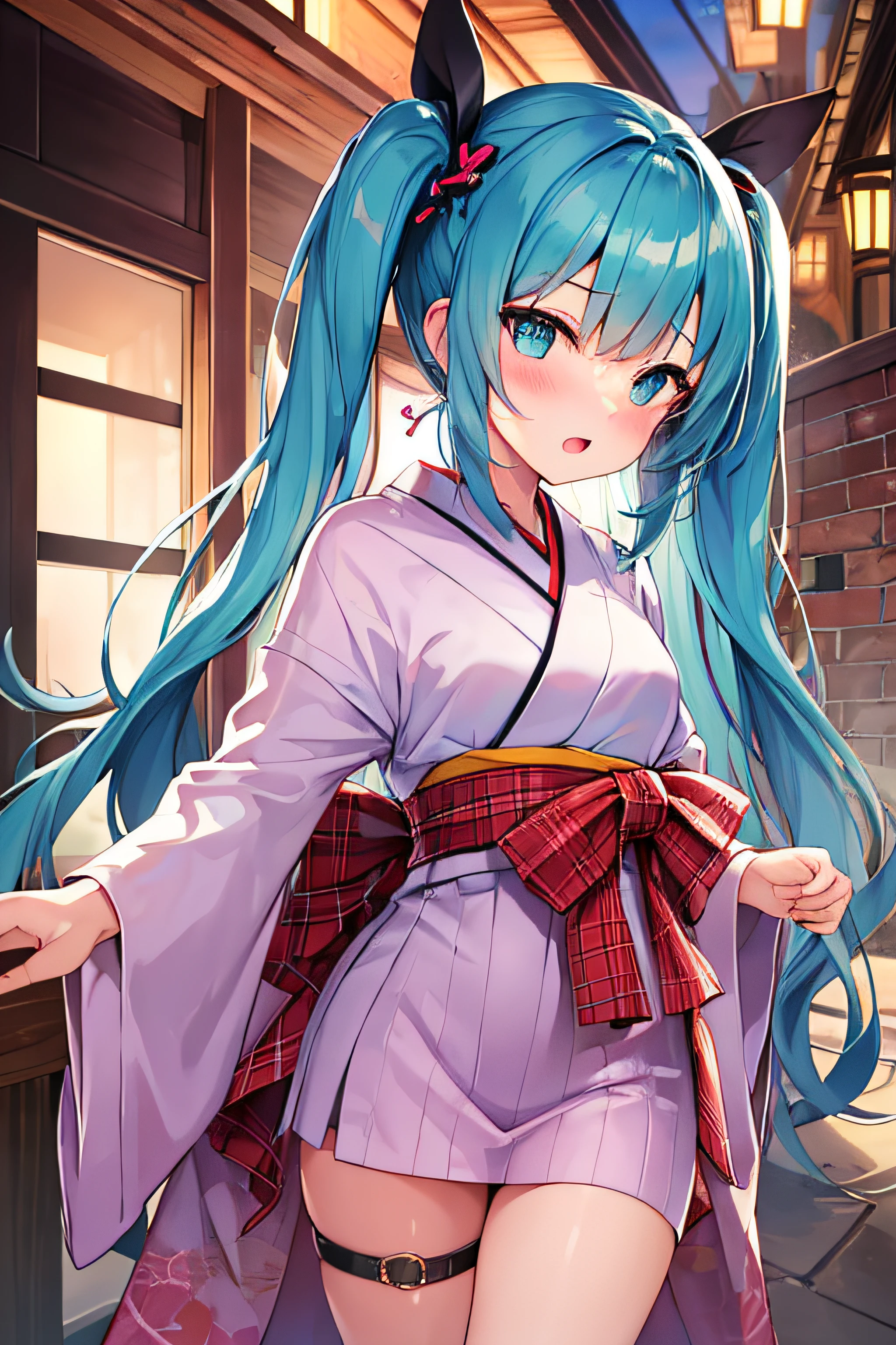 masterpiece、Top image quality、超A high resolution、miku hatsune、blue hairs、Twin-tailed、Blushing、is in estrus、mock、Open your mouth just a little、Short kimono、well-shaped thighs、kyoto、Japan、Night