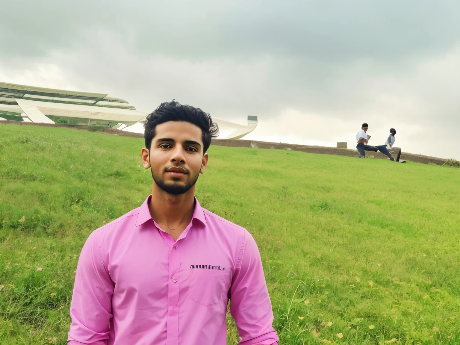 there is a man standing in a field with a pink shirt, very very low quality picture, candid picture, riyahd cassiem, very clear picture, with accurate face, student, background is heavenly, very accurate photo, with a park in the background, in front of a forest background, at college, at a park, mohamed chahin, park in background