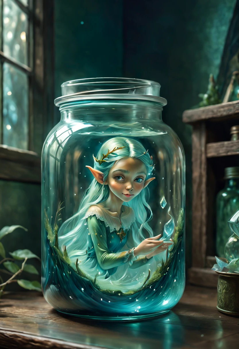 （elf in a jar，oil painted），Crystal clear glass jar，Beautiful elvelowing hair floating in a can，Subtle reflections and refractions in glass，Detailed brushstrokes capture the ethereal beauty of the elf，subtle blue-green tint，Creates a fantastic atmosphere，Magical and mysterious atmosphere，