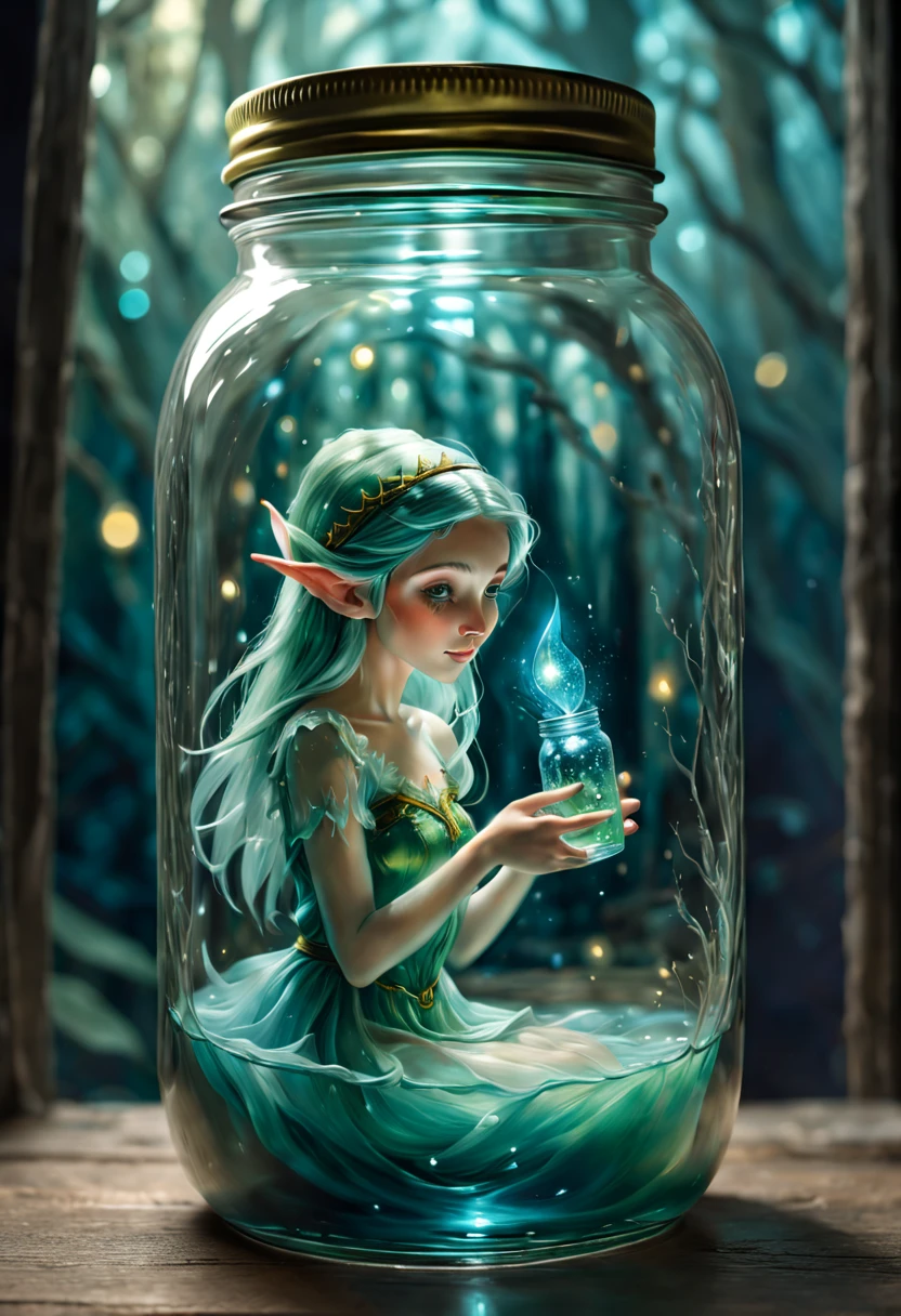(elf in a jar,oil painted),Crystal clear glass jar,Beautiful elvelowing hair floating in a can,Subtle reflections and refractions in glass,Detailed brushstrokes capture the ethereal beauty of the elf,subtle blue-green tint,Creates a fantastic atmosphere,Magical and mysterious atmosphere,