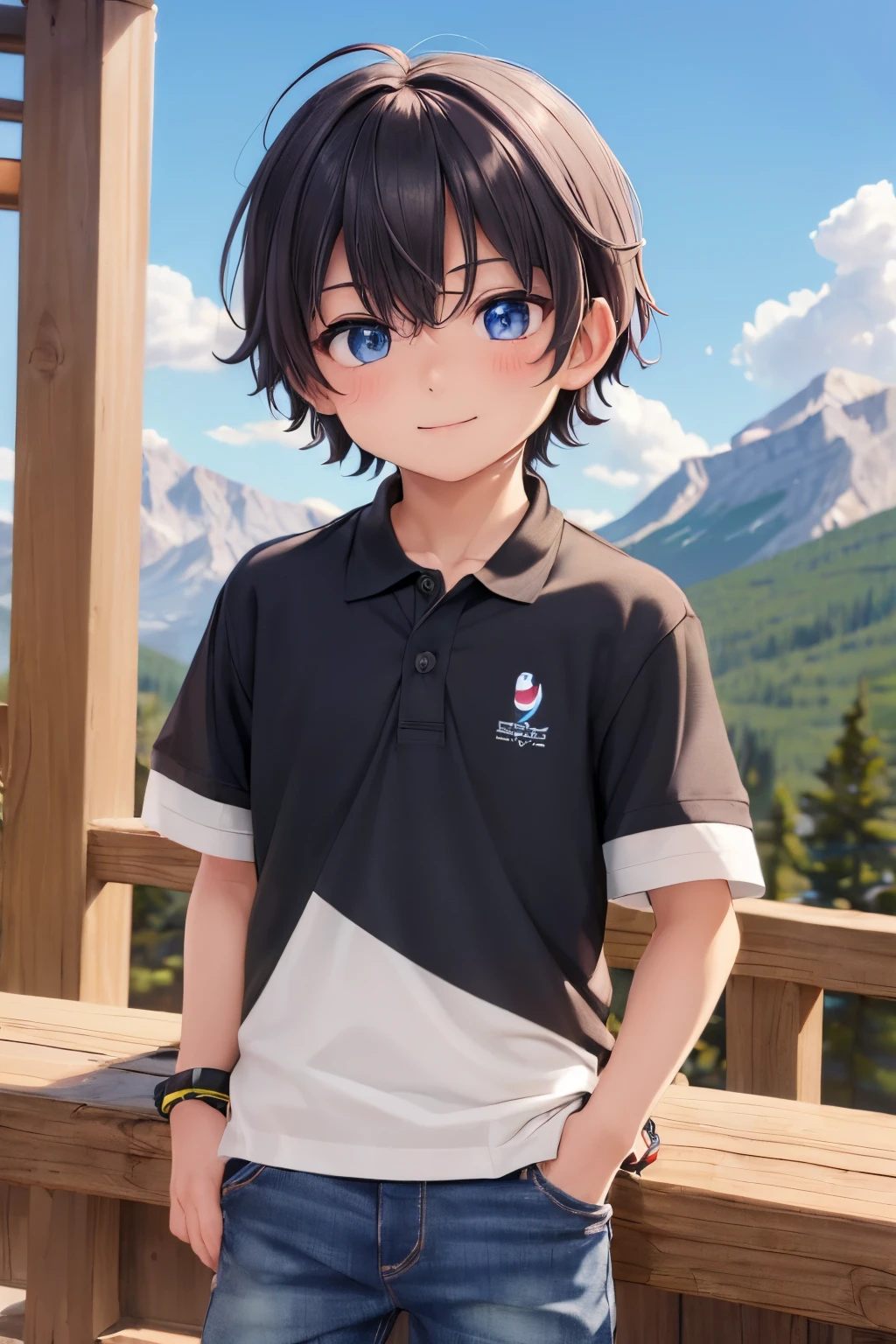 (1Juvenile:1.4), (short hair), male character, ((masterpiece)), multicolored background, hair between eyes, highlight in eyelonde hair:1.4) (polo shirt :1.4), Jeans, colorful eyes, male character,( blush:1.2), big smile, near rocky mountain, multiple details, sky, outside, short hair, handsome, beautiful eyes (vocaloid), delicate features, high light in eyes, (extrovert:1.6) petite, juvenile, short hair, male face, detailed beautiful little, adorable, sparkling eyes, energetic eyes