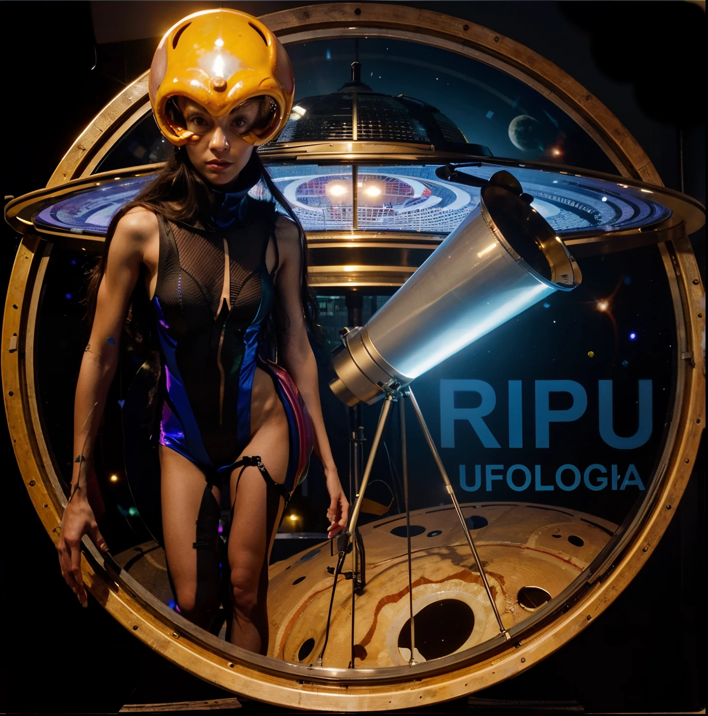 a close-up of a person with a telescope in front of a spacecraft, OVNIlogia, Alien utopia, Reptilian space alien, ufo aliens, alien robot luffy, alien shop, Ovnis, poser, fotografia, Telegrama Sticker, Jpl, OVNI, r / vexilologia, ichi-up, rubi, ❤🔥🍄🌪, scientific photography