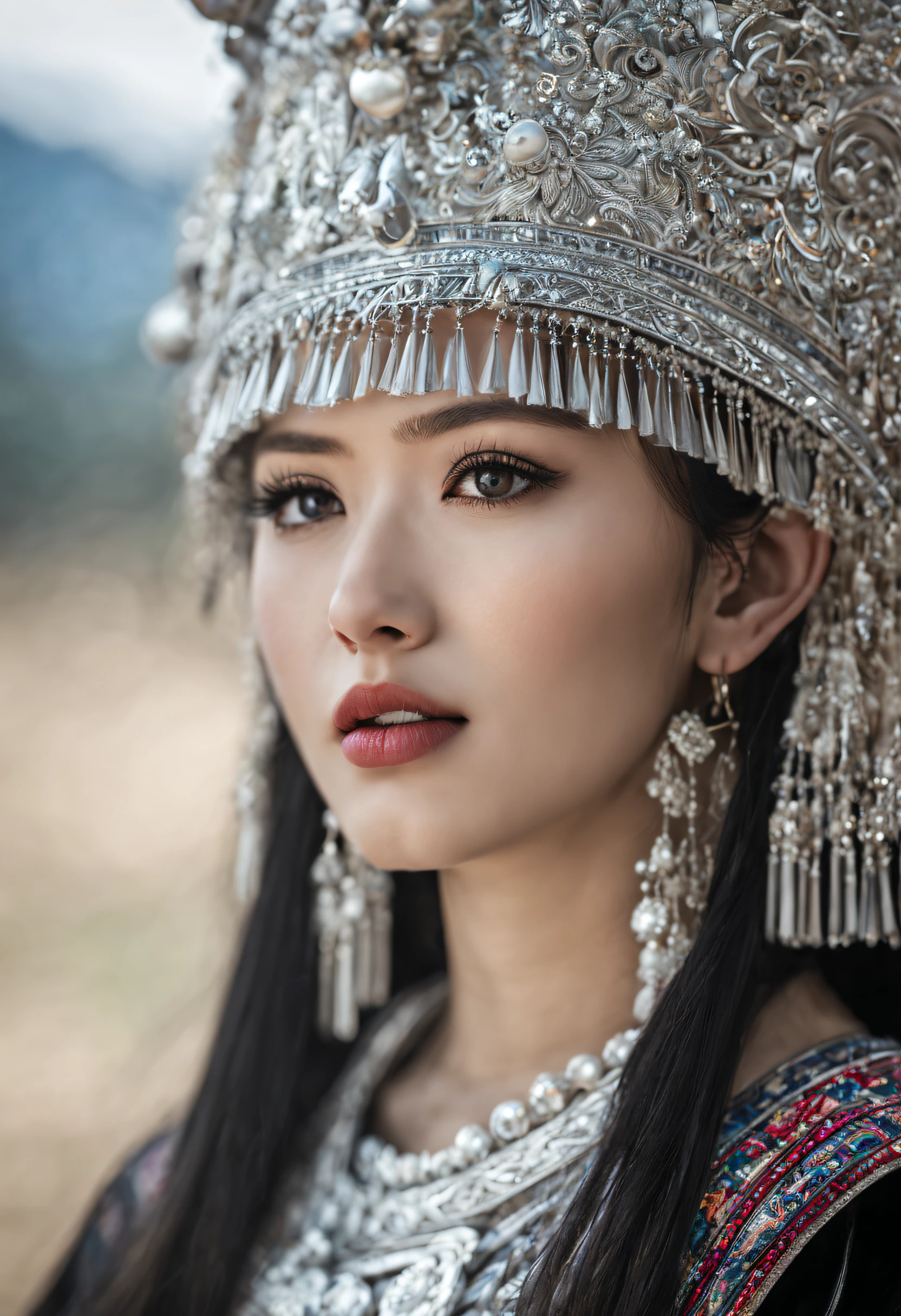 HDR,UHD,8K, best quality, masterpiece, absurdness, extremely detailed, miaoyuansu, hmong, miao8, 1girl, solo, black hair, realistic, long hair, jewelry, earrings, silver bull hone on hat, upper body, looking at viewer, silky long straight hair, ornament, (very detail traditional clothes), hat, blurry background, portrait, makeup, headdress, eyelashes,