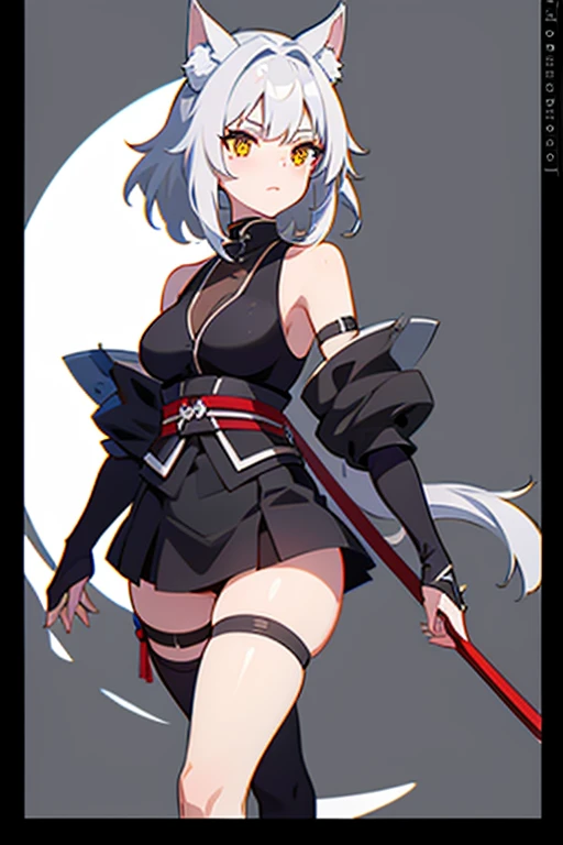 silver haired fox girl, with 2 tails, ninja, sexy, character art design sheet, short skirt halter top black, armor forearm guards, thigh straps, belts with pouches, ninjato attached to center back at hipline.