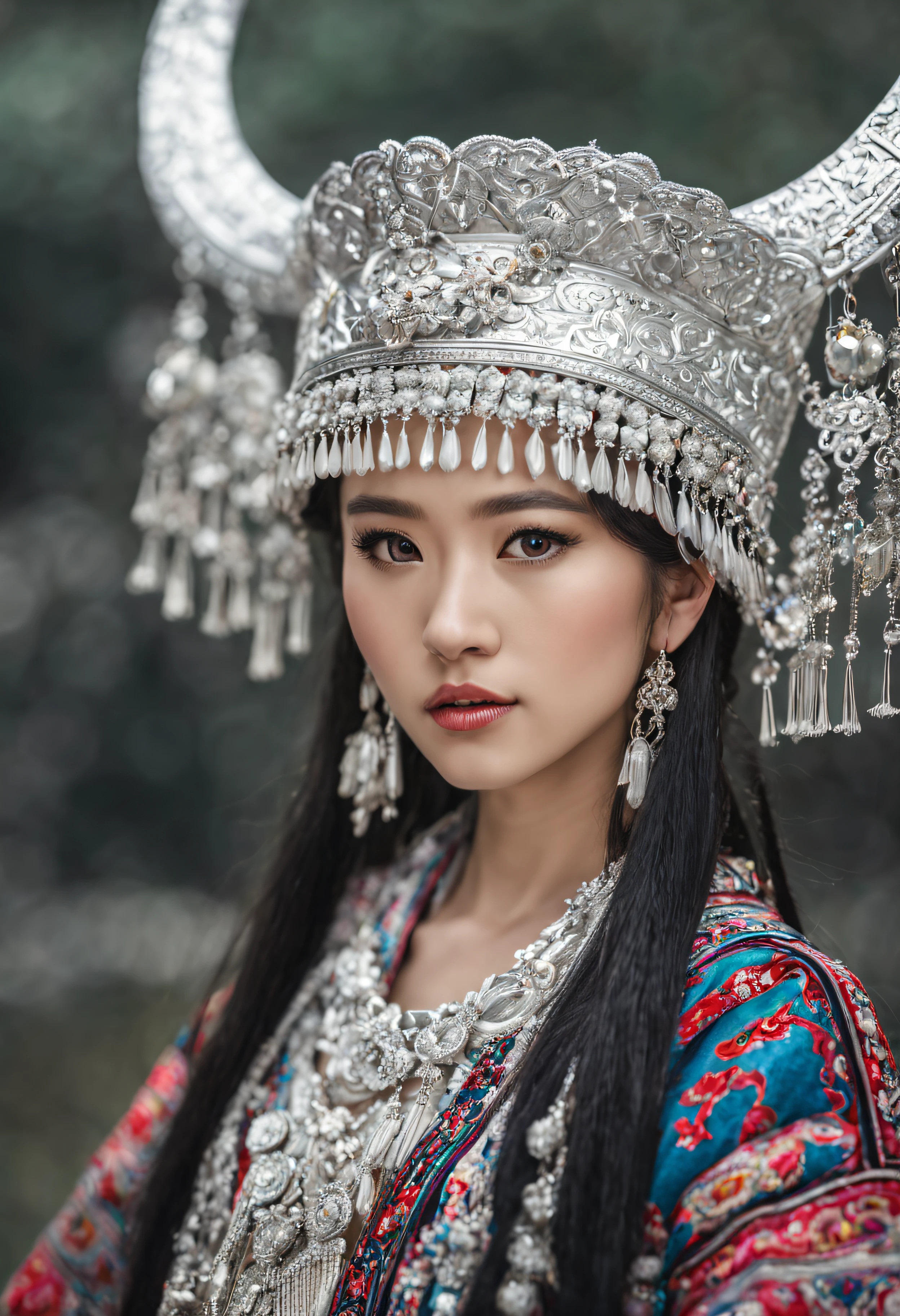 HDR,UHD,8K, best quality, masterpiece, absurdness, extremely detailed, miaoyuansu, hmong, miao8, 1girl, solo, black hair, realistic, long hair, jewelry, earrings, silver bull hone on hat, upper body, looking at viewer, silky long straight hair, ornament, (very detail traditional clothes), hat, blurry background, portrait, makeup, headdress, eyelashes,