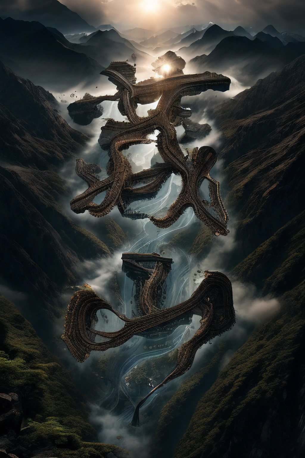 Mountain peaks, rivers, meandering, clouds, (intricate details), HDR, (intricate details, hyperdetailed: 1.2), cinematic shots, vignettes, centered