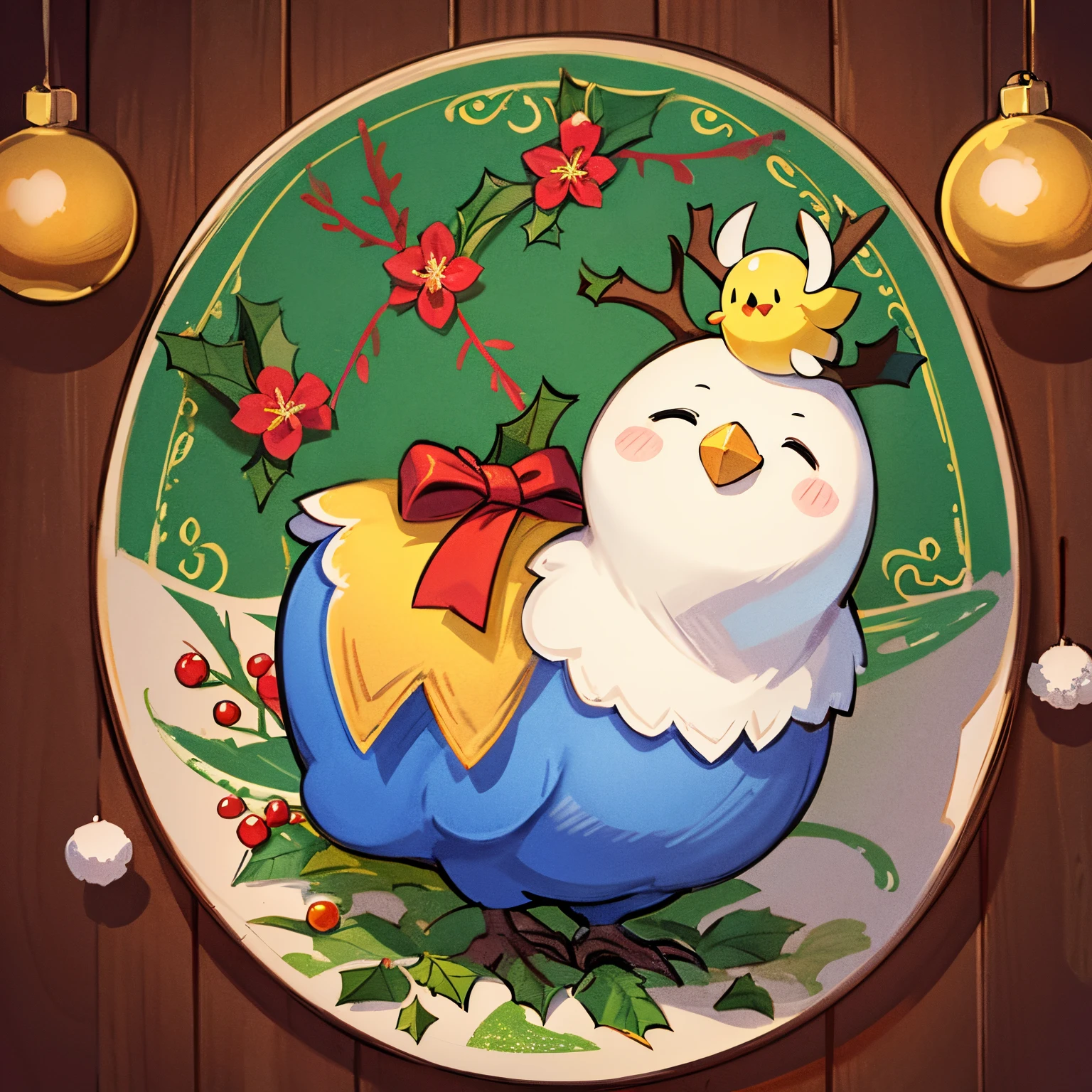 drawing of a happy bird in a Christmas scenary, hand drawn, illustration