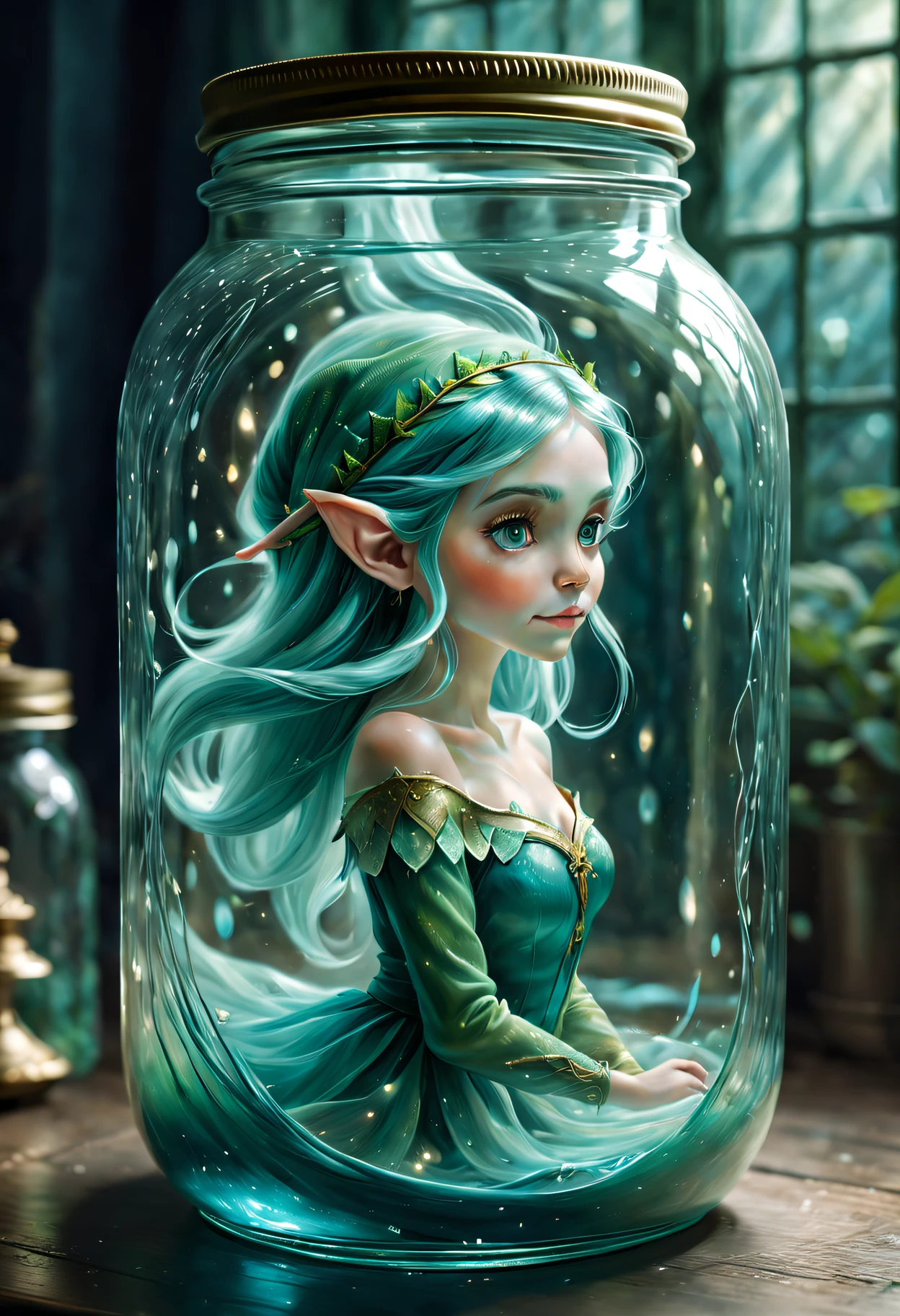 (genie in a jar,oil painted),Crystal clear glass jar,Beautiful flowing hair floating in a jar,Subtle reflections and refractions in glass,Detailed brushstrokes capture the ethereal beauty of the elves,subtle blue-green tint,Creates a fantastic atmosphere,Magical and mysterious atmosphere,