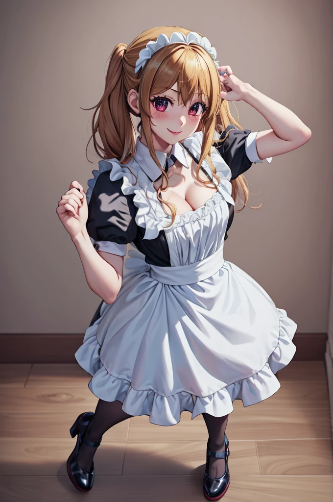 anime, beautiful face, highly detailed face, detailed perfect eyes, perfect hair, perfect lips, accurate arms, accurate hands, perfect legs, accurate footware. highly detailed background, front lighting, perfect lighting, full body, 1girl, solo, ruby hoshino, ruby, oshi no ko, heels, blonde hair, thighhighs, stockings, absurdres, high res, ultrasharp, 8K, masterpiece, looking at viewer, in a maid cafe, restaurant (sexy pose:1.5), (full body:1.5), maid, maid outfit, cute maid outfit, cleavage, stockings, full of delight, smiling full of compassion, blushed, cute gestures