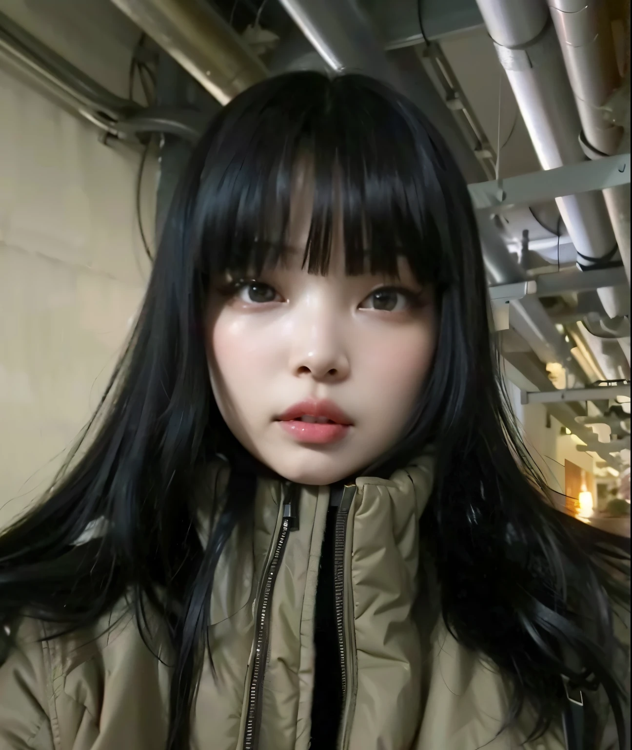 um close up de uma mulher com longos cabelos pretos usando uma jaqueta, Ela tem cabelo preto com franja, cruel korean goth girl, Menina anime na vida real, preto hime corte cabelo, Sui Ishida com cabelo preto, cabelo preto e franja branca, cabelo preto longo com franja, Mistura russa e japonesa, franja preta, 1 7 - - old me goth girl