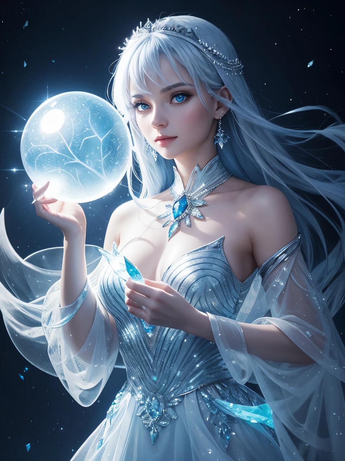 a beautiful magical ice woman holding ice orb in her hand