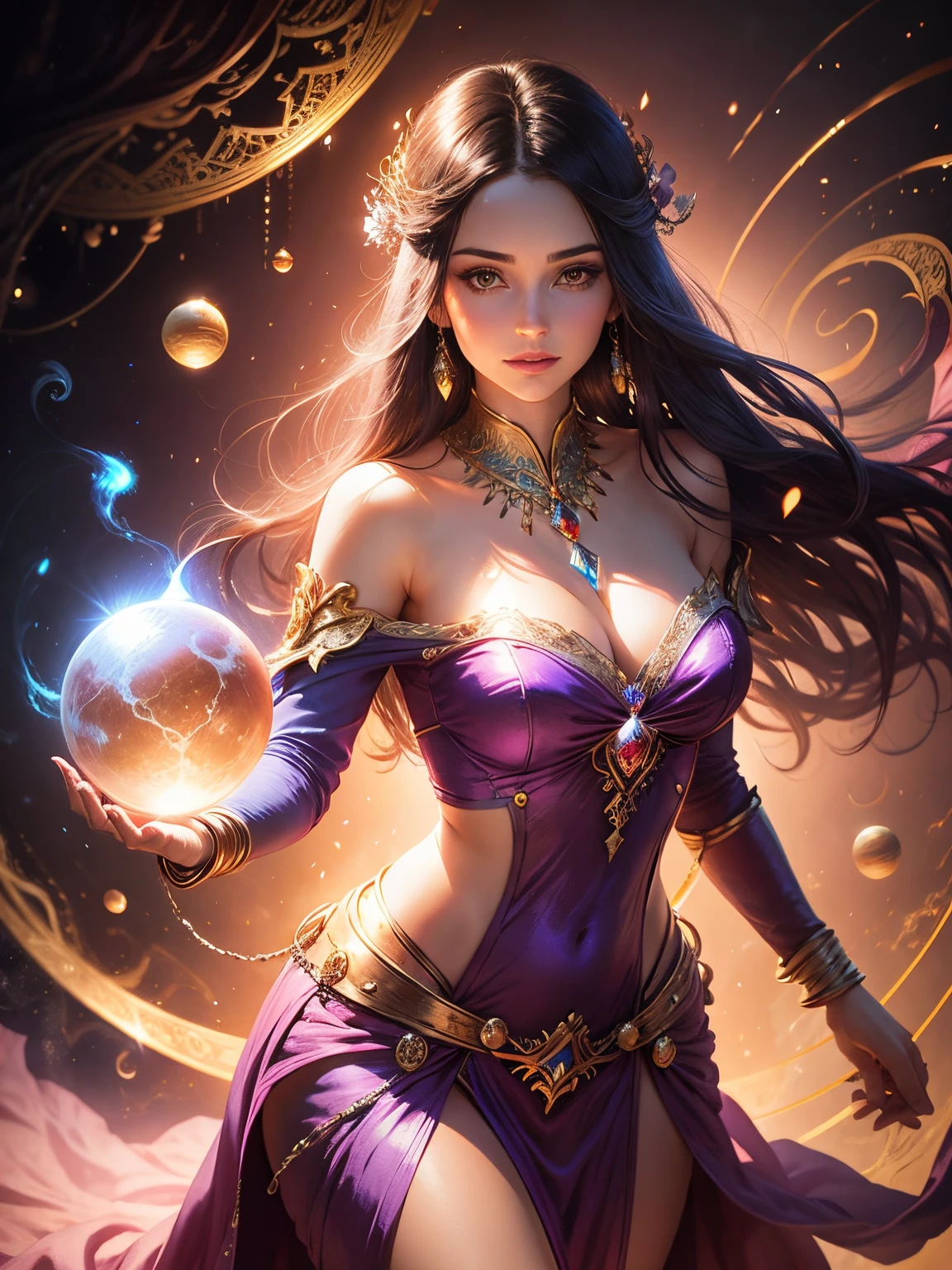 a beautiful magical woman holding an orb in her hand