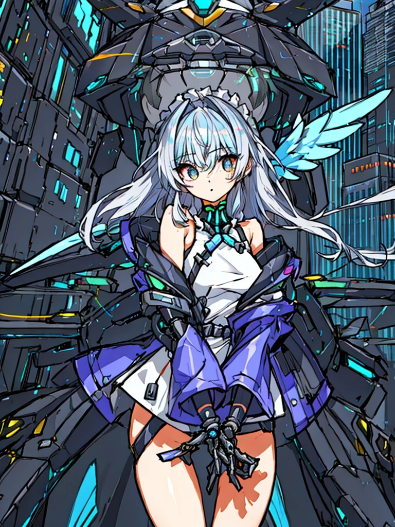 top-quality、ighly detailed、​masterpiece、ultra-detailliert、illustratio、((1girl in))、silber hair、length hair、Floating hair、、Cyber City、Neon building、(The upper part of the body:1.05)、extremely_Detailed_Eyes_And_Face,cybernetic wings mechanical wings、Random posture、Skyscraper、、Mechumusume、shrine maiden clothe,maid clothes、Random angles、anime styled,cowboy  shot