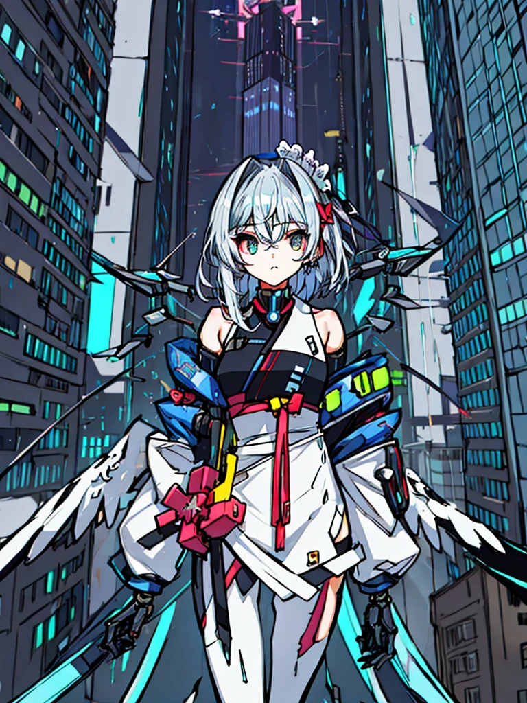top-quality、ighly detailed、masterpiece、ultra-detailliert、illustratio、((1girl in))、silber hair、length hair、Floating hair、、Cyber City、Neon building、(The upper part of the body:1.05)、extremely_Detailed_Eyes_And_Face,cybernetic wings mechanical wings、Random posture、Skyscraper、、Mechumusume、shrine maiden clothe,maid clothes、Random angles、anime styled,cowboy shot