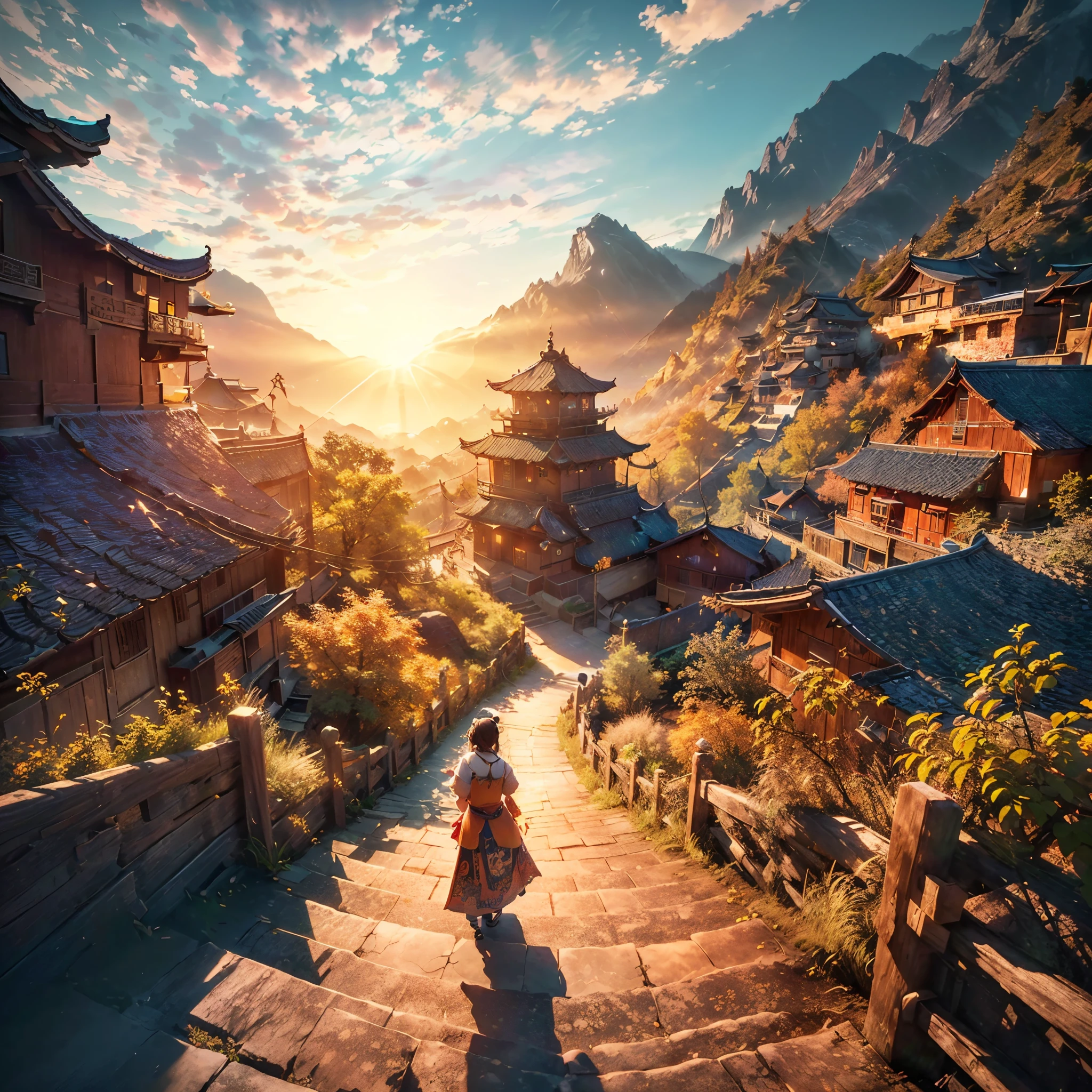 generate a beautifull panorama at chinesse traditional village on the mountain, chinesse temple at mountain, beautifull sun, beautifull sky, beautifull clouds, there is a traditional chinesse girl walking on the village street, masterpiece, best quality:1.2),(8k,highres,RAW photo,realistic,photo-realistic:1.3),(detailed skin texture,detailed cloth texture,beautiful detailed face:1.25),professional lighting,photon mapping,beautiful soft light,radiosity,physically-based rendering,raytracing, model shoot style, model shoot style, (extremely detailed CG unity 8k wallpaper), full shot body photo of the most beautiful artwork in the world,