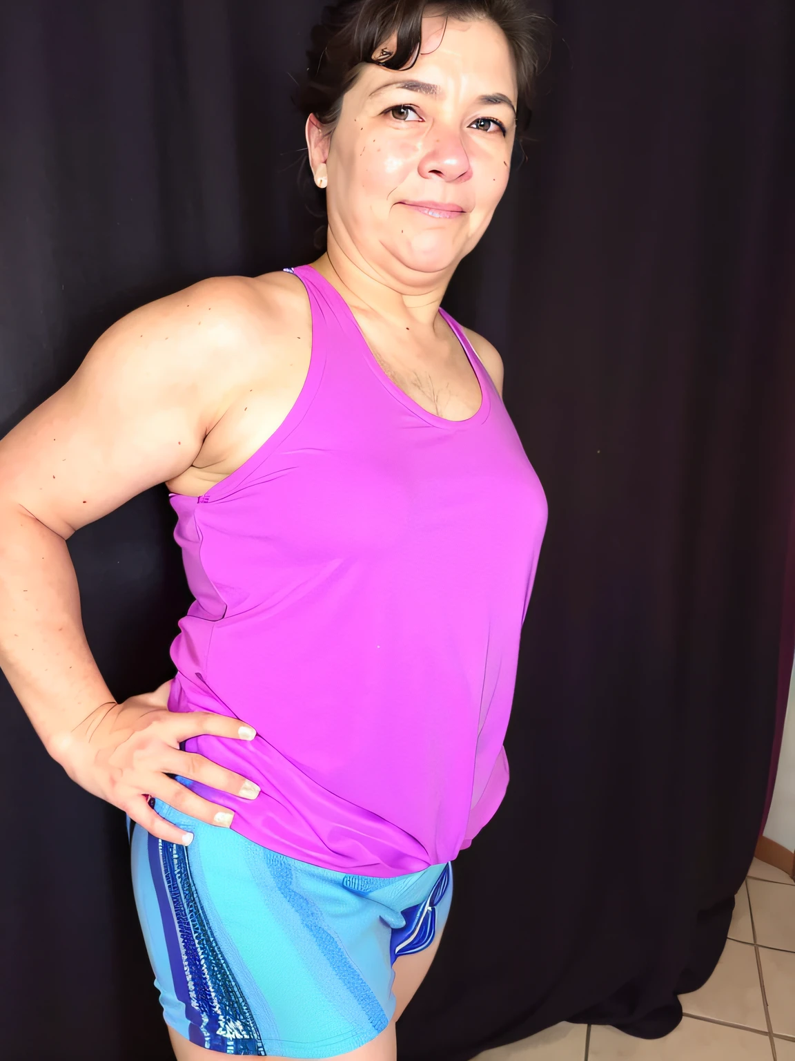 there is a woman in a purple blouse and blue shorts, vestindo camiseta roxa, Usando : Tampo do Tanque, Tanque Violeta Apertado, arms to side, vestindo uma camiseta muscular, 30 anos mulher, tiro de meio corpo, tiro de meio corpo, meio - tiro no corpo, close up tiro de meio corpo, usando camiseta regata