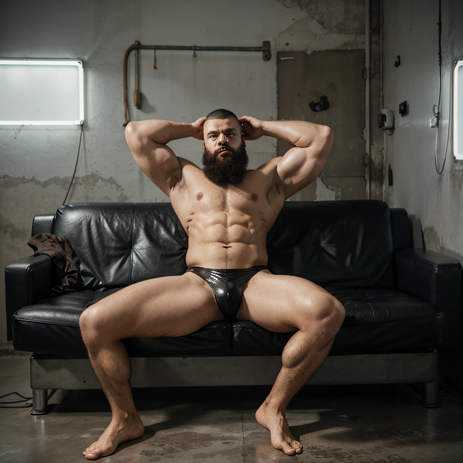 view complete du corps d&#39;A bodybuilder Barbu torse now sits on a canapé in black leather, legs apart, one piece comes out in béton, White neon lights, grande barbe black and épaisse, shaved head, slip serré en latex noir brilliant and lisse , bombement,