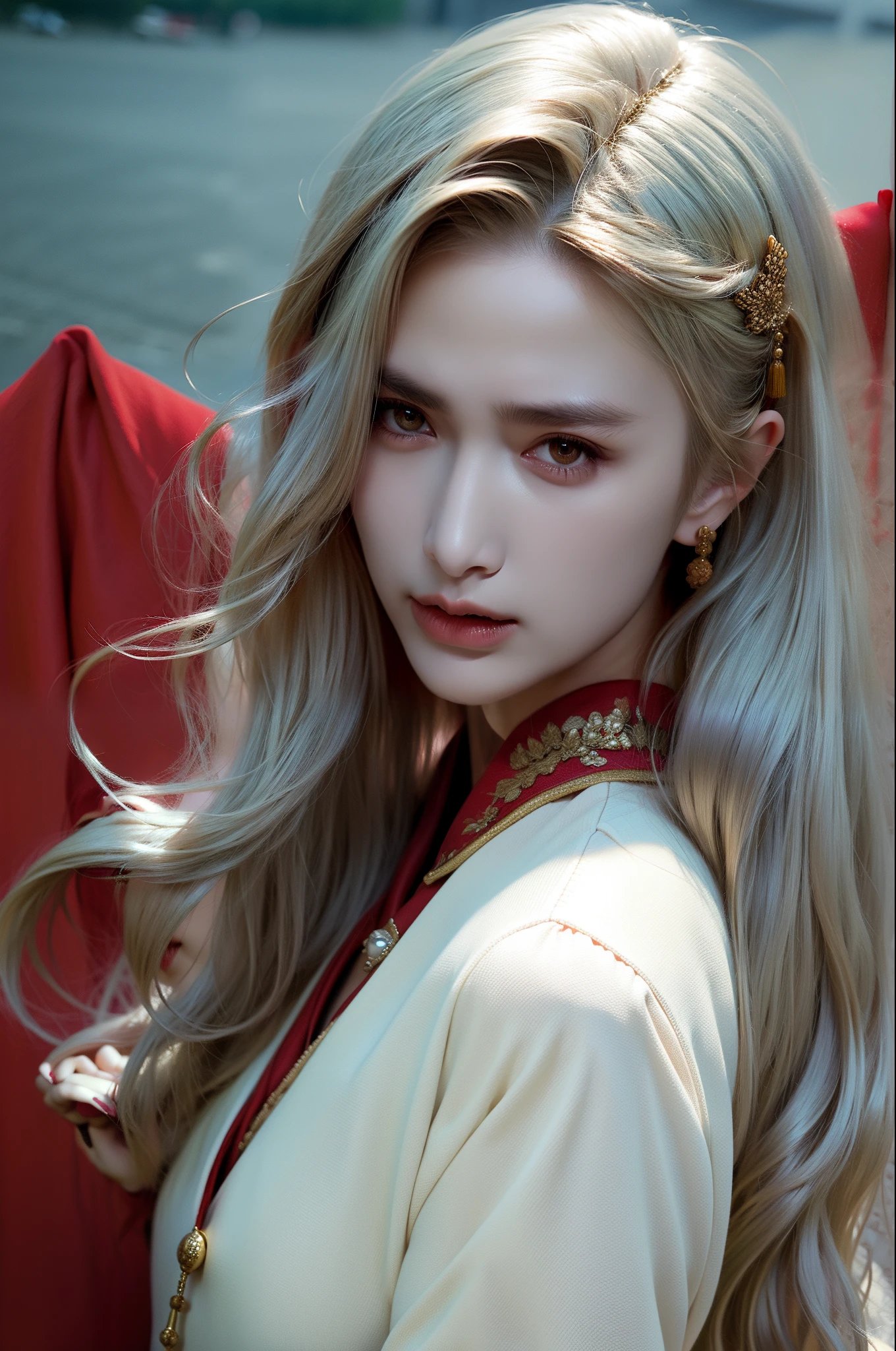 masterpiece,best quality,ultra-detailed,1girl,md,by the lake,chinese clothing,white hair,upper body,red eyes,