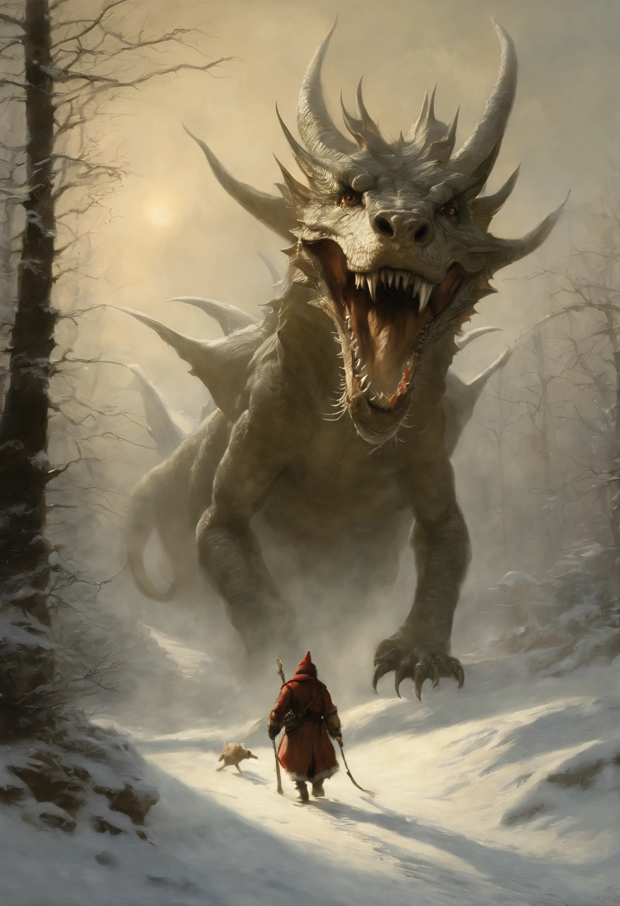 真实感, dark fantasy style, John Tolkien style, Small painting by Jean-Baptiste Monge,Santa Claus riding a dragon, Santa Claus holds the dragon by the horns, Santa Claus riding a dragon, winter, Snow is falling, huge christmas tree, anatomically correctly drawn body, Looks like an ancient dragon, The city, megalopolis, city trail, Big Christmas tree, glass skyscraper, Jean-Baptiste Monge, anthropomorphic --ar 2:3 --testp -optimistic;