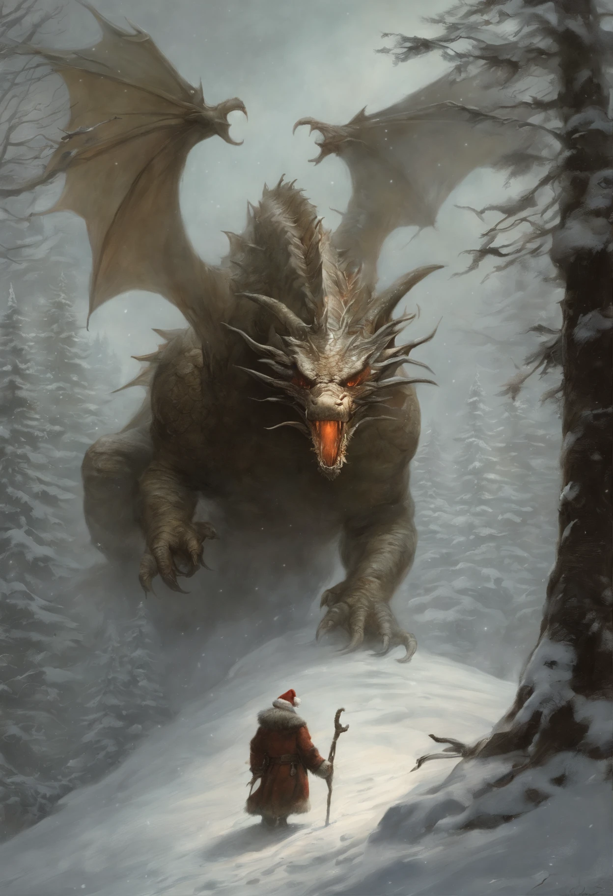 真实感, dark fantasy style, John Tolkien style, Small painting by Jean-Baptiste Monge,Santa Claus riding a dragon, Santa Claus holds the dragon by the horns, Santa Claus riding a dragon, winter, Snow is falling, huge christmas tree, anatomically correctly drawn body, Looks like an ancient dragon, The city, megalopolis, city trail, Big Christmas tree, glass skyscraper, Jean-Baptiste Monge, anthropomorphic --ar 2:3 --testp -optimistic;