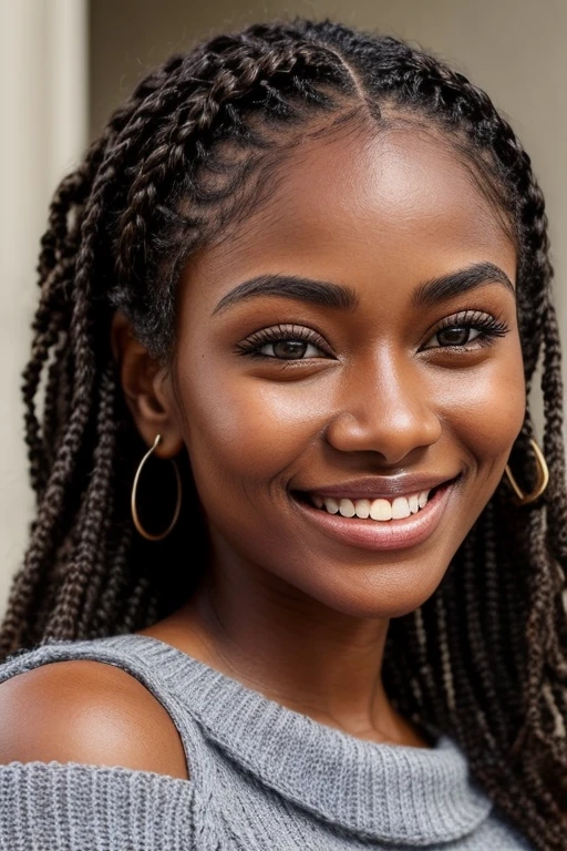 is very beautiful((with brown skin))年轻,((Detail of big brown eyes))Long eyelashes,((perfect heart shaped face))((Detailed realistic skin with imperfections))detailed skin textures,((Charming girl with dimples)) ,((Warm smile and dimples)),attractive beautiful,Wearing an off-shoulder knitted suit((hyper realisitc))((Perfect braids))((realistic hair texture))((girl with dimples))on Pinterest