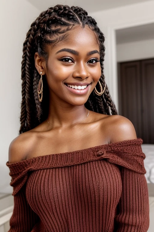 is very beautiful((with brown skin))年轻,((Detail of big brown eyes))Long eyelashes,((perfect heart shaped face))((Detailed realistic skin with imperfections))detailed skin textures,((Charming girl with dimples)) ,((Warm smile and dimples)),attractive beautiful,Wearing an off-shoulder knitted suit((hyper realisitc))((Perfect braids))((realistic hair texture))((girl with dimples))on Pinterest