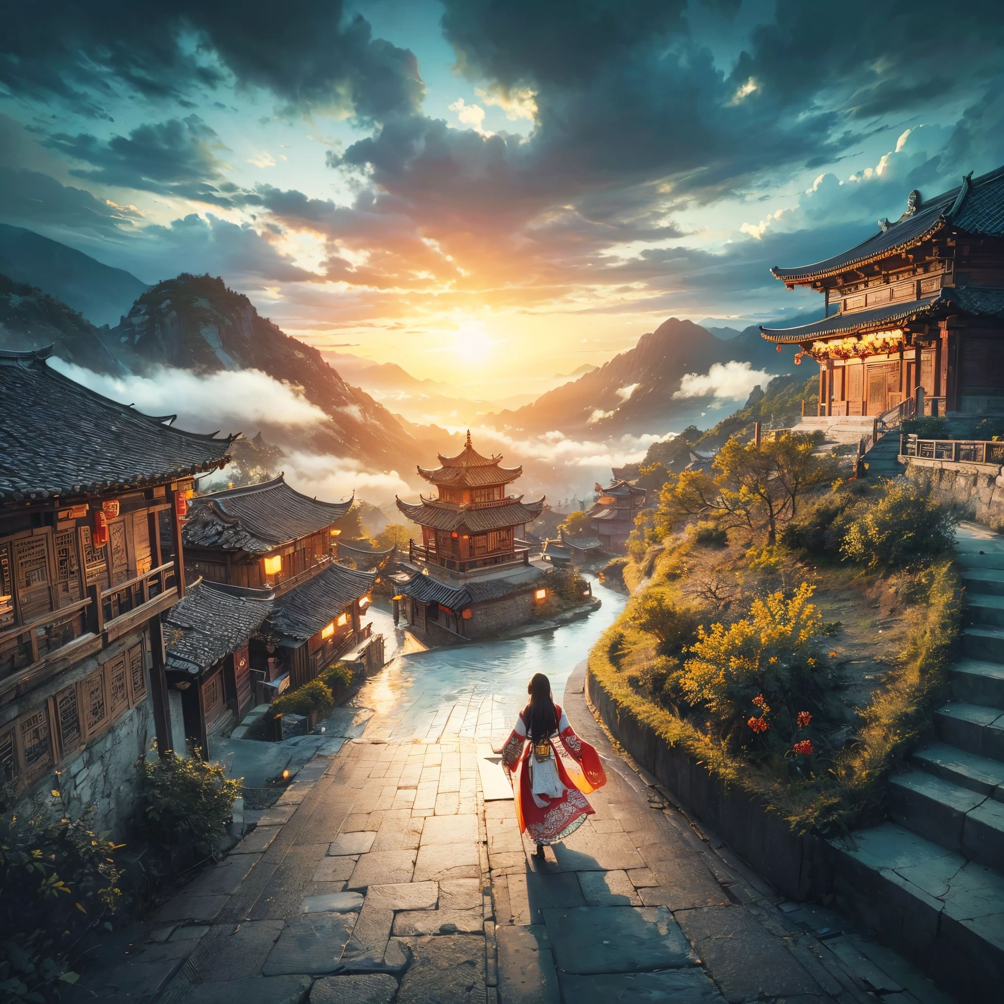 generate a beautifull panorama at chinesse traditional village on the mountain, chinesse temple at mountain, beautifull sun, beautifull sky, beautifull clouds, there is a traditional chinesse girl walking on the village street, masterpiece, best quality:1.2),(8k,highres,RAW photo,realistic,photo-realistic:1.3),(detailed skin texture,detailed cloth texture,beautiful detailed face:1.25),professional lighting,photon mapping,beautiful soft light,radiosity,physically-based rendering,raytracing, model shoot style, model shoot style, (extremely detailed CG unity 8k wallpaper), full shot body photo of the most beautiful artwork in the world,