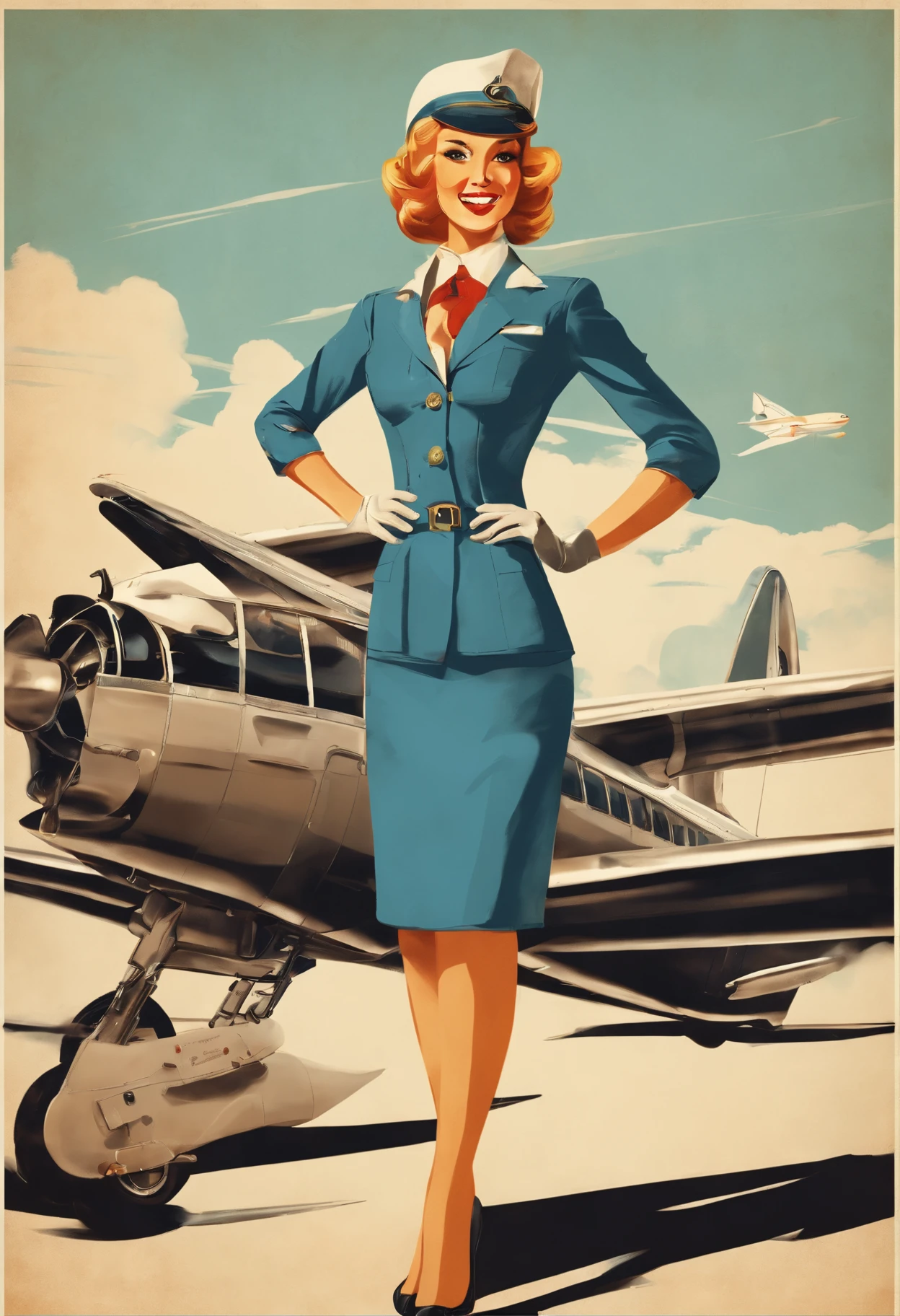 Sexy air stewardess, aeroplane, vintage style