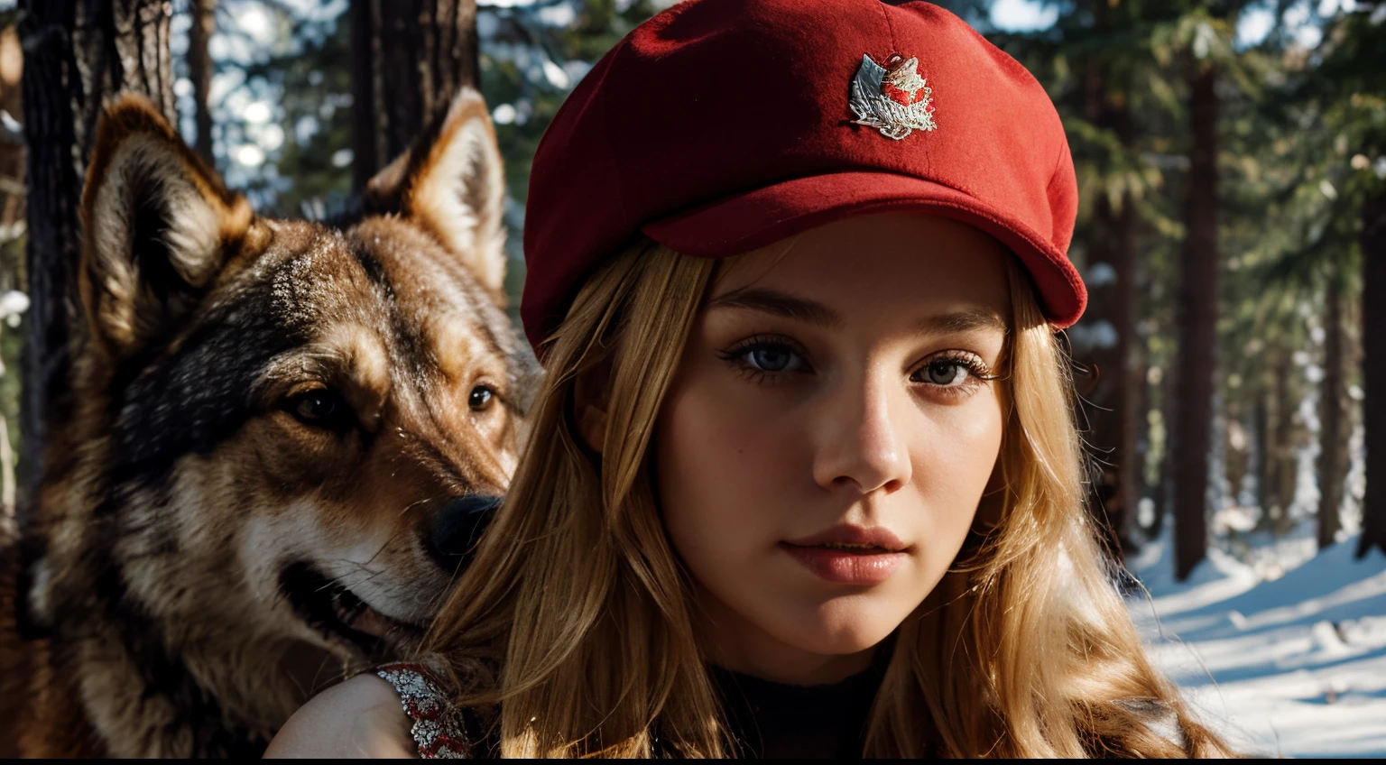 мBeautiful young blonde girl in a red hat and a wolf,photorealistic, 8k