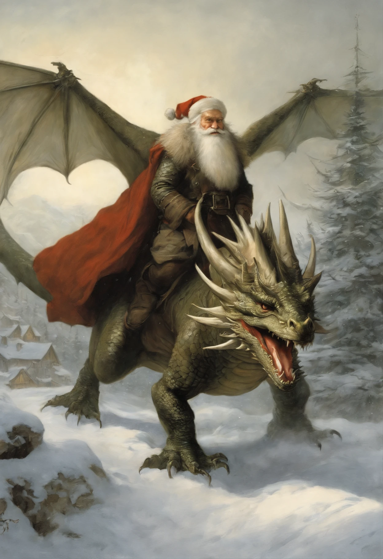 真实感, dark fantasy style, John Tolkien style, Small painting by Jean-Baptiste Monge,Santa Claus riding a dragon, Santa Claus holds the dragon by the horns, dragon - Santa Claus riding a dragon, winter, Snow is falling, huge christmas tree, anatomically correctly drawn body, Looks like an ancient dragon, The city, megalopolis, city trail, Big Christmas tree, glass skyscraper, Jean-Baptiste Monge, anthropomorphic --ar 2:3 --testp -optimistic;