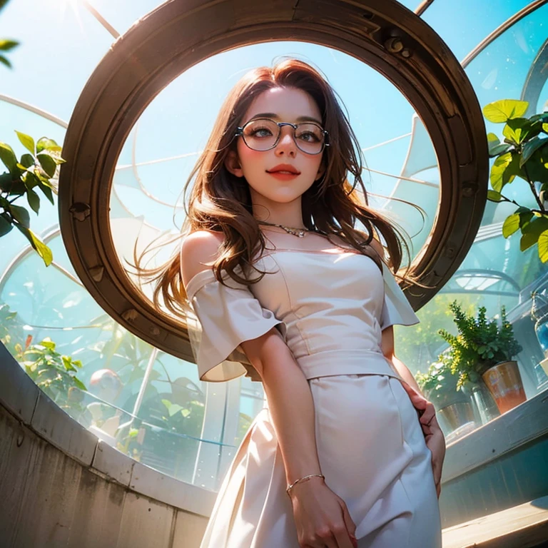 ( Masterpiece, best quality , shot from below , 75mm lens, fisheye:1.2 ), ((pov from below:1.4)), (( beautiful, luxurious, greenhouse dome:1.5, glass panels, plants of colours, vibrant , extreme high detailed, intricate details )). ( 1woman_/(kimtaeyeon/), narrow face, strong jaw, [plump cheeks], transparent glasses, dark hair with blonde highlights, loving smile, beautiful eyes, caring smile, wearing beach summer ootd ), ( cinematic lighting, backlit, soft light)