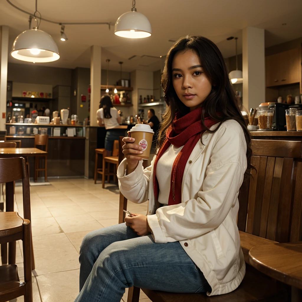 Full body photo Indonesian woman age 30 Years old, face looks naturally brown, flat nose, slightly wide forehead, long curly hair, Wearing a red hijab, white clothes, jeans jacket ,Sitting in a cafe holding a cup of coffee, cafe background, night atmosphere, highlighted by room lights, cold light beams,Grainy film effect, structure, masterpiece, full effect, high image quality, very detailed,