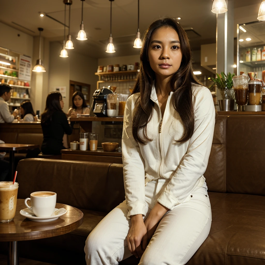 Full body photo Indonesian woman age 30 Years old, face looks naturally brown, flat nose, slightly wide forehead, long curly hair, Wearing a red hijab, white clothes, jeans jacket ,Sitting in a cafe holding a cup of coffee, cafe background, night atmosphere, highlighted by room lights, cold light beams,Grainy film effect, structure, masterpiece, full effect, high image quality, very detailed,