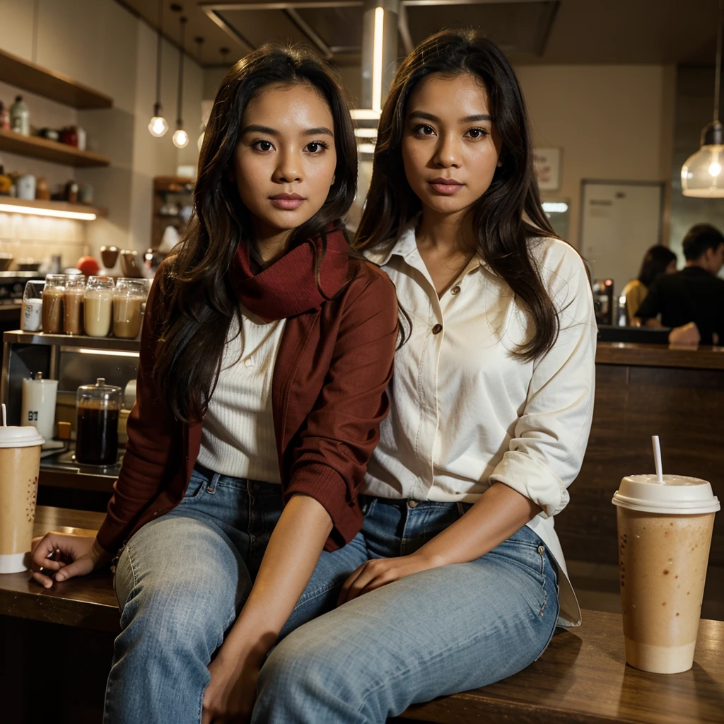 Full body photo Indonesian woman age 30 Years old, face looks naturally brown, flat nose, slightly wide forehead, long curly hair, Wearing a red hijab, white clothes, jeans jacket ,Sitting in a cafe holding a cup of coffee, cafe background, night atmosphere, highlighted by room lights, cold light beams,Grainy film effect, structure, masterpiece, full effect, high image quality, very detailed,