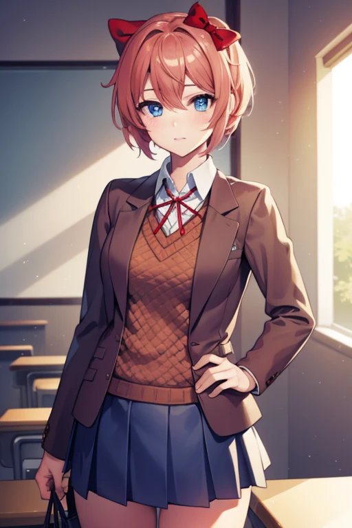 ddlcsayori, ddlcsayori, blue eyes, hair between eyes, hair bow, hair ornament, pink hair, red bow, short hair,
BREAK blue skirt, pleated skirt, school uniform, skirt, brown jacket, jacket,
BREAK looking at viewer,
BREAK indoors, classroom,
BREAK (masterpiece:1.2), best quality, high resolution, unity 8k wallpaper, (illustration:0.8), (beautiful detailed eyes:1.6), extremely detailed face, perfect lighting, extremely detailed CG, (perfect hands, perfect anatomy),