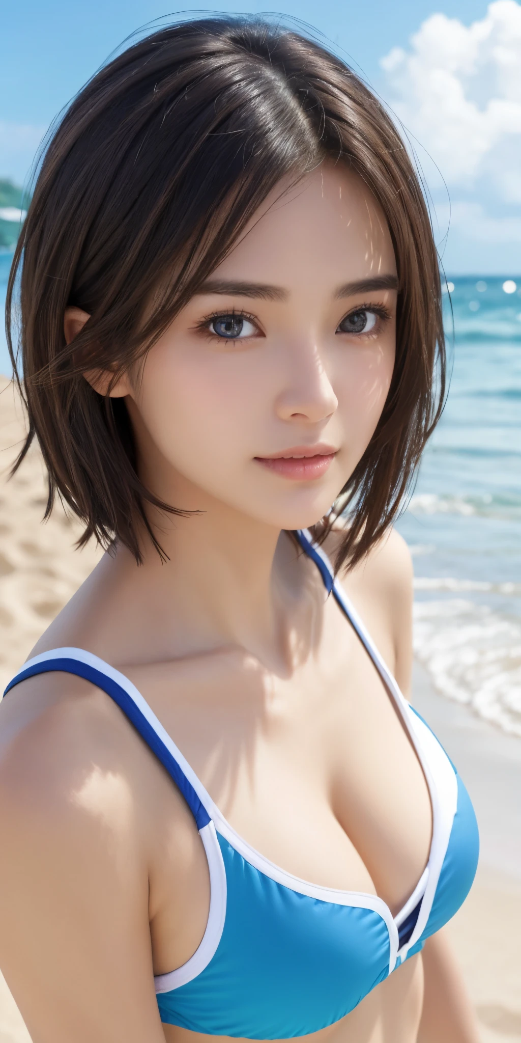 (((Shoulder length straight brown hair mini bob)))、(((目が細くLight eye makeup)))、(((She is posing like a hair salon model with Lanikai Beach in the background.)))、(((Random cute micro bikini)))、Half Japanese and Korean、18-year-old girl、independent、Look forward、Light eye makeup、Brown Hair Color、flat 、Hair blowing in the wind、quality of actress、Shiny, Ultra-realistic faces、smileの表情、Watery eyes、look up、Calming lighting effects、 Ultra-Realistic Capture、Very detailed、High resolution 16K human skin close-up。Skin texture must be natural、Must be so detailed that pores are visible、skin is healthy、Must be even tone、Use natural light and color、High quality photos taken by a modeling agency&#39;Exclusive photographer、smile
