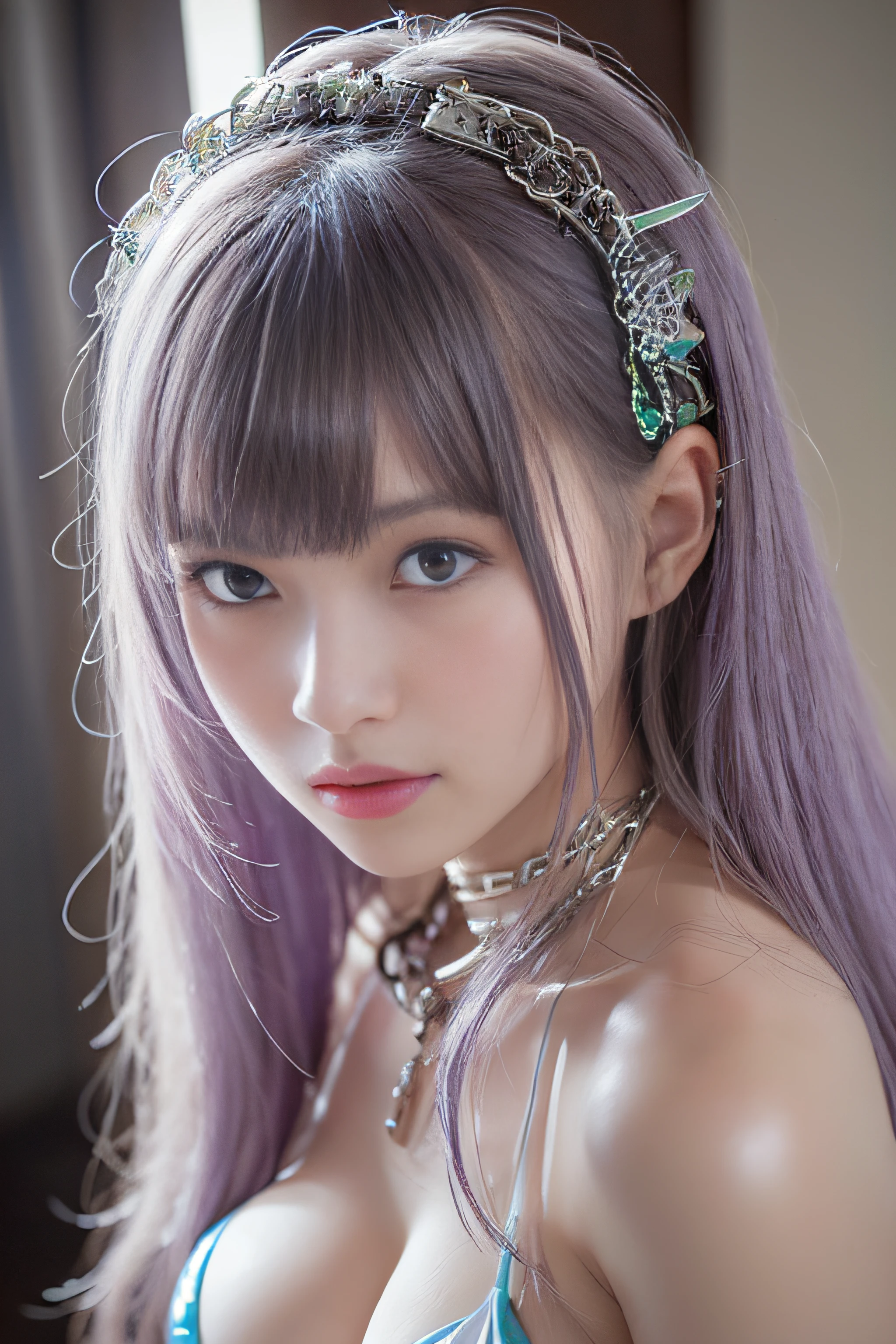 top-quality、masterpiece、超A high resolution、(Photorealsitic:1.4)、Raw photo、(Girl in chains)、13years、japanes、Anxious expression、glowy skin、((super realistic details))、portlate、globalillumination、Shadow、octan render、8K、ultrasharp、Colossal tits、cleavage of the breast、(Underbust of exposed raw skin:1.4)、(White thin latex ultra mini micro bikini without strings:1.4)、Upper Arm Chain、high intricate detailed、(Platinum wire intricately entangled in hair)、Realistic light、CGSoation Trends、a purple eye、radiant eyes、Don't look at the camera、neon details、sitting on、Futuristic hair ornament、Gundam、Small LED lamp、Purple neon lighting、Green neon lighting、