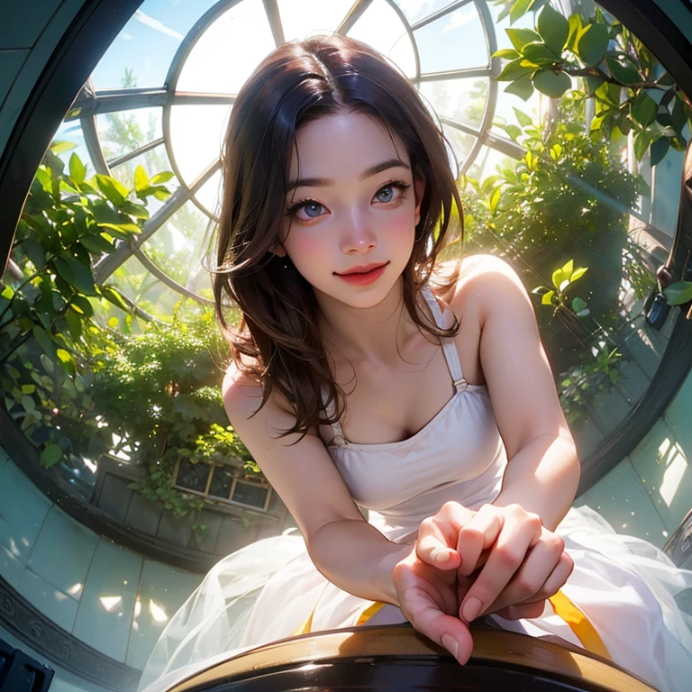 ( Masterpiece, best quality , shot from below , 75mm lens, fisheye:1.2 ), ((pov from below:1.4)), (( beautiful, luxurious, greenhouse dome:1.5, glass panels, plants of colours, vibrant , extreme high detailed, intricate details )). ( 1woman_/(kimtaeyeon/), narrow face, strong jaw, [plump cheeks], transparent glasses, dark hair with blonde highlights, loving smile, beautiful eyes, caring smile, wearing beach summer ootd ), ( cinematic lighting, backlit, soft light)